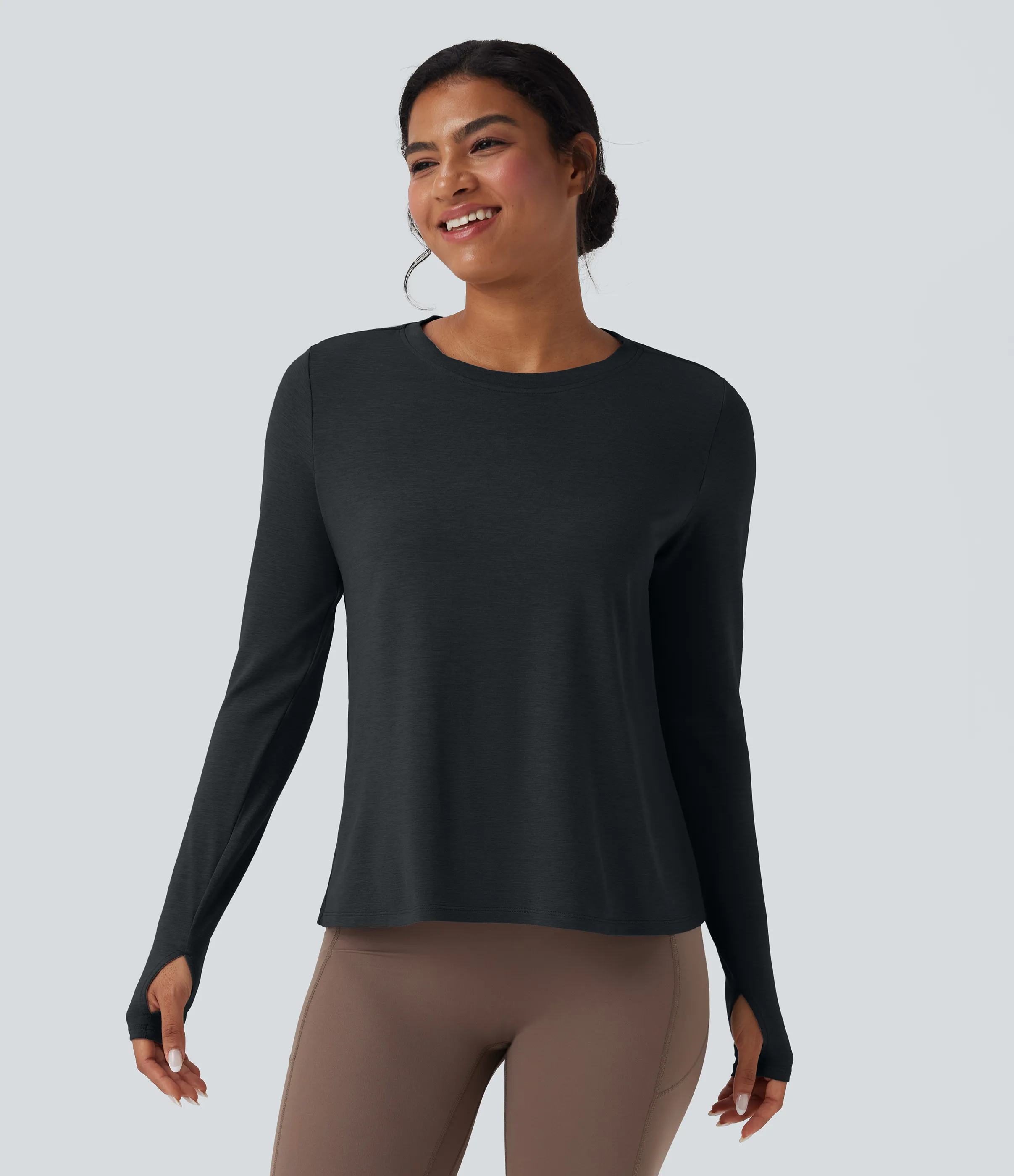 Halara Top deportivo de yoga de manga larga con espalda descubierta y abertura para el pulgar - Mottled Hemp Black - S sold by Halara product image thumbnail 3