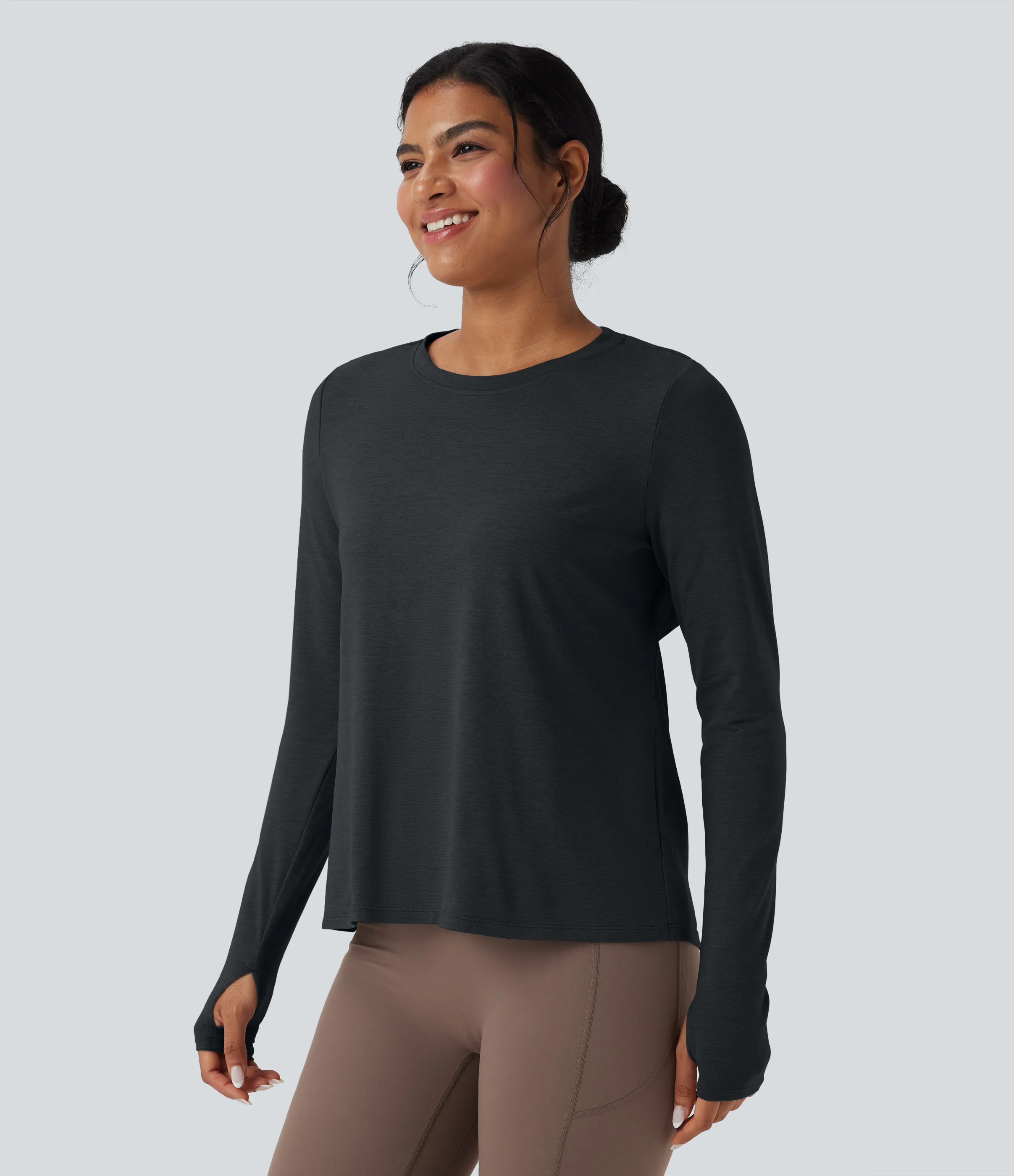 Halara Top deportivo de yoga de manga larga con espalda descubierta y abertura para el pulgar - Mottled Hemp Black - S sold by Halara product image thumbnail 4