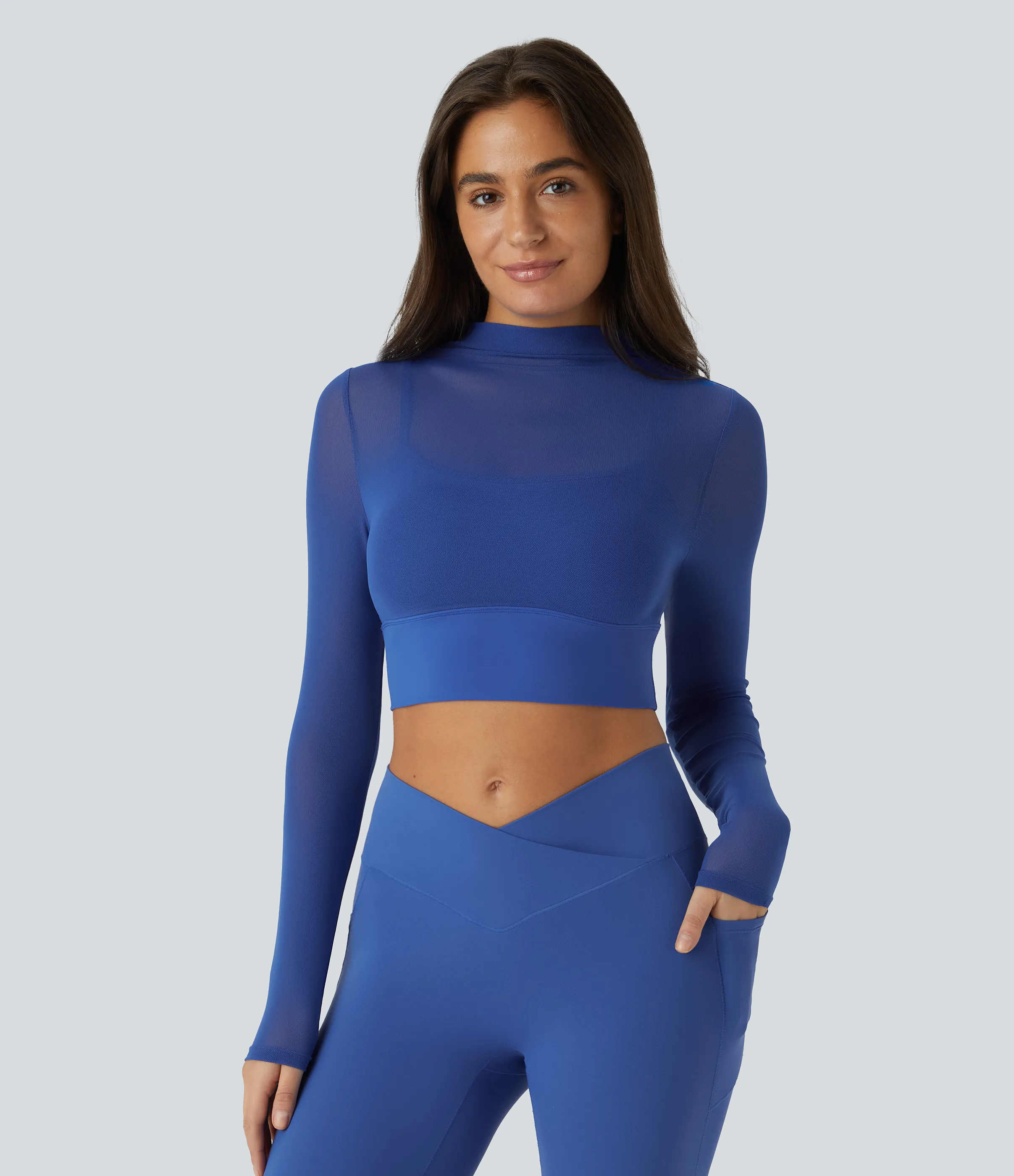 Halara Top deportivo yoga 2 en 1 manga larga malla contrastante - Deep Ultramarine - S sold by Halara