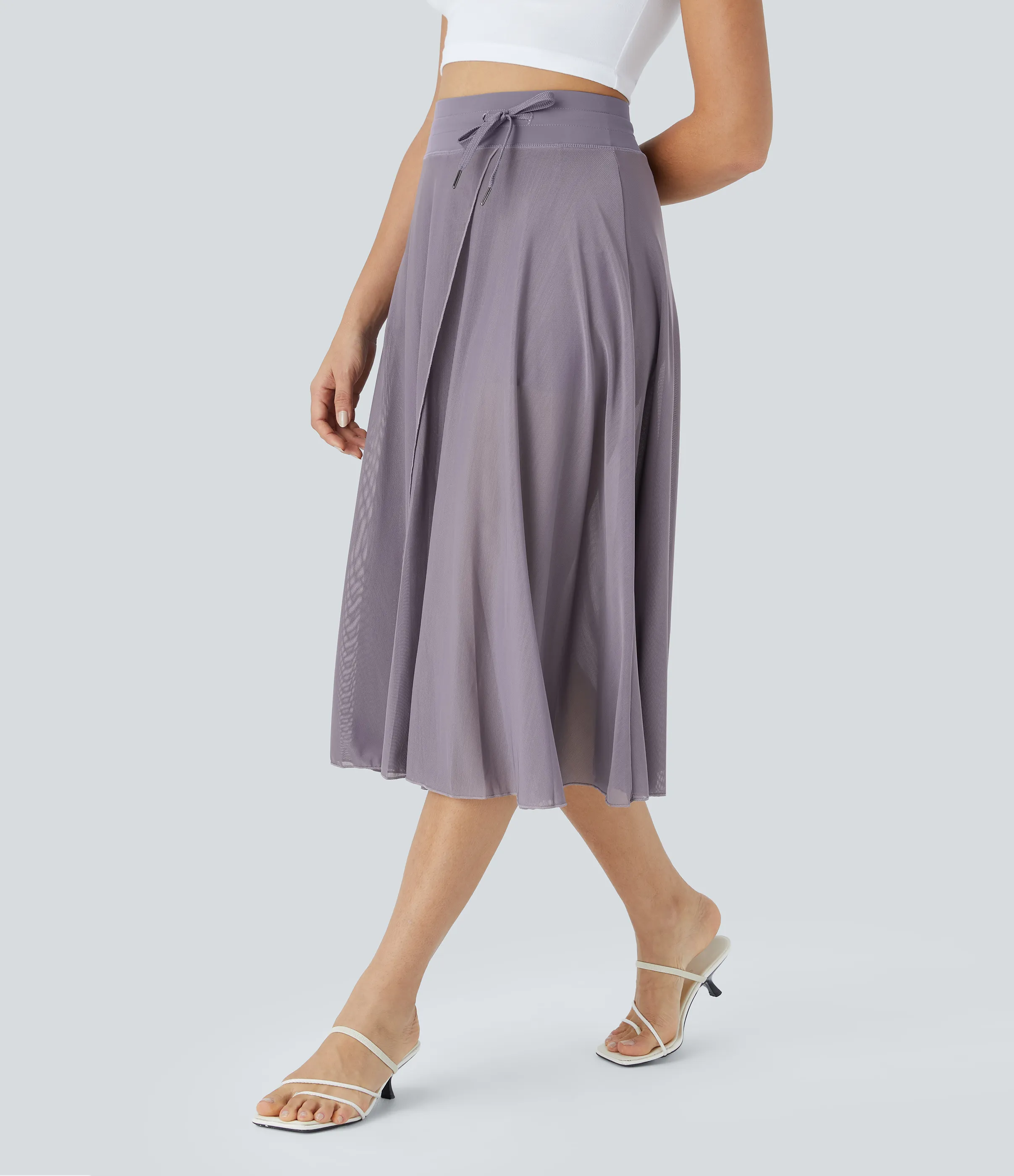 Halara Falda midi casual 2 en 1 acampanada con bolsillo lateral de tiro alto con cordón y malla en contraste - Stardust Mauve - XL sold by Halara product image thumbnail 4