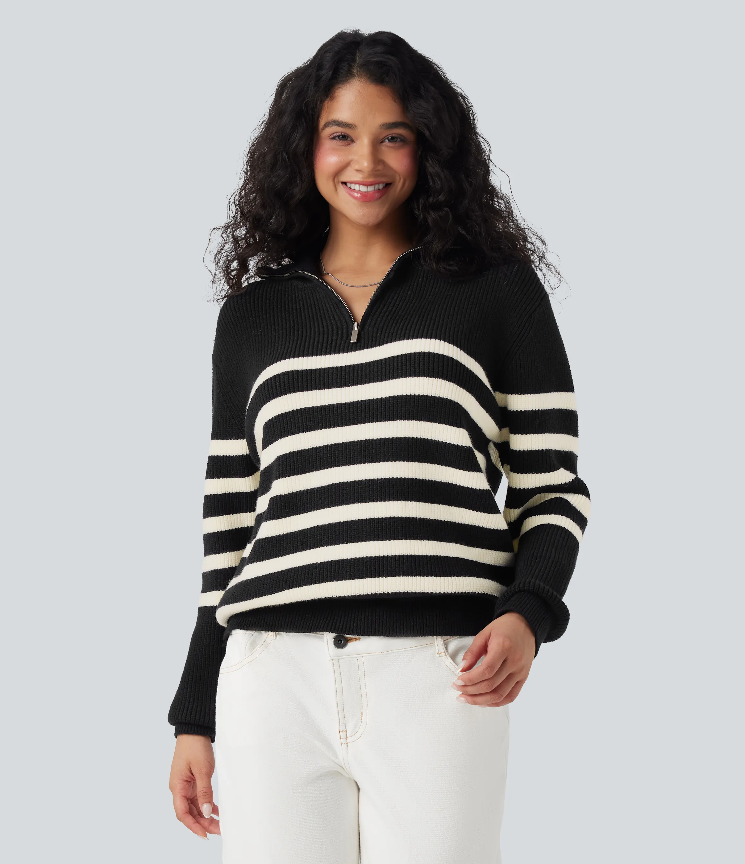 Halara Suéter casual de rayas con bloques de color y solapa con media cremallera - Black - S sold by Halara