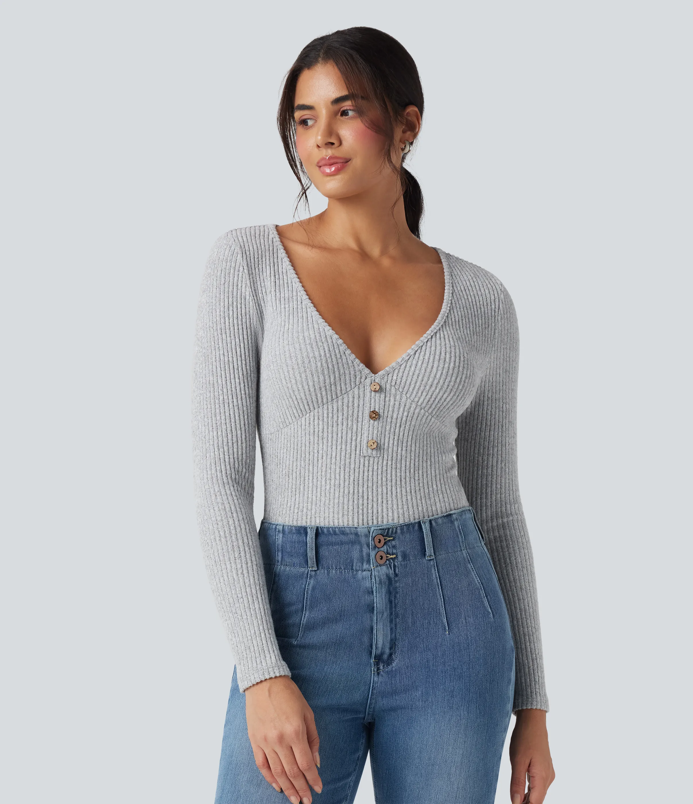 Halara Top casual ajustado jaspeado de manga larga de punto acanalado con cuello en V - Hemp Gray Mix - XL sold by Halara product image thumbnail 5