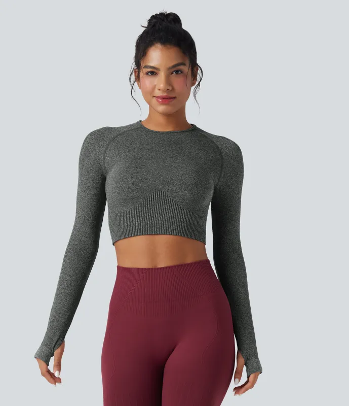 Halara Top deportivo de yoga corto sin costuras con cuello redondo de manga larga y abertura para el pulgar - Dark Grey - L sold by Halara