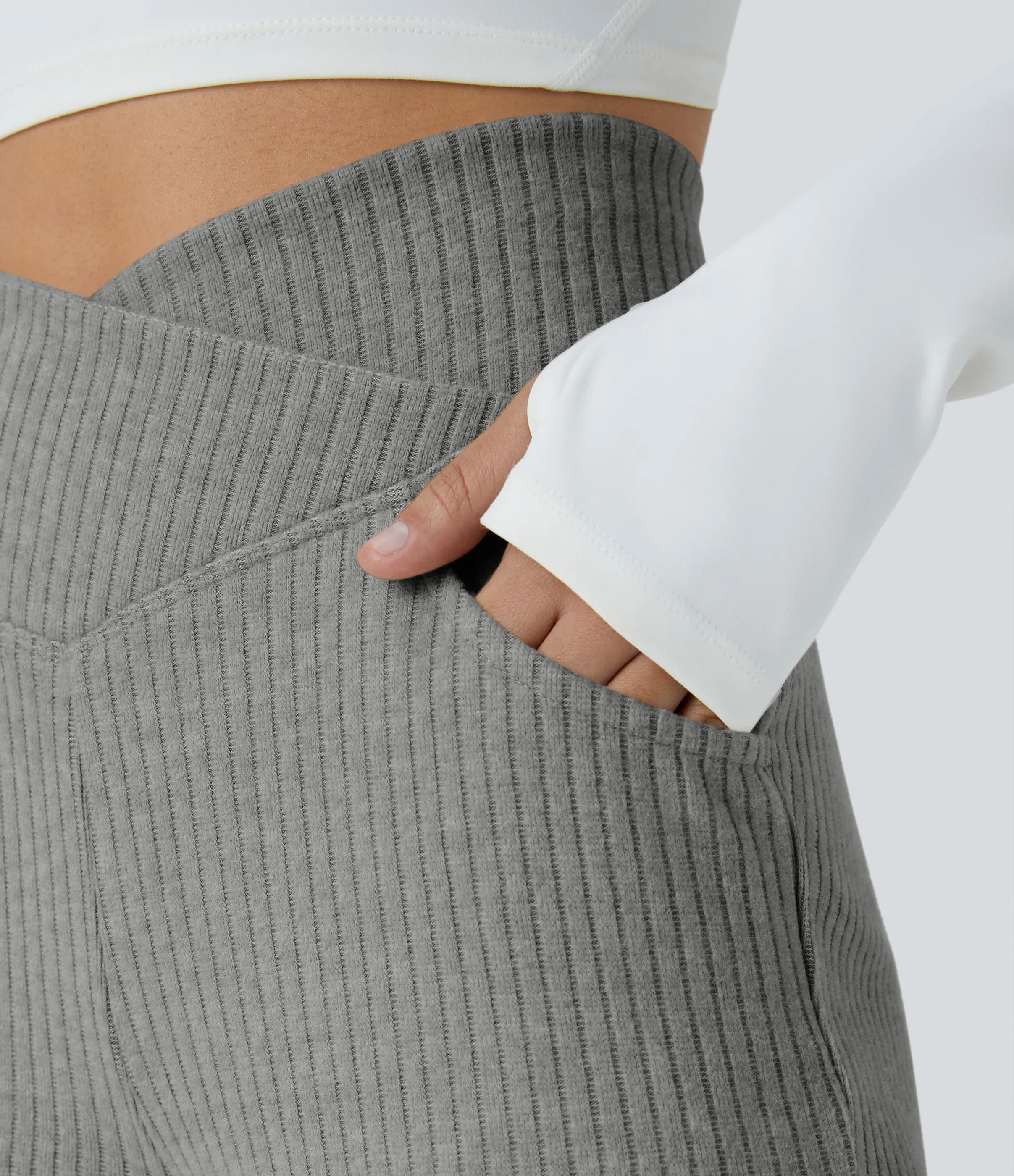 Halara Pantalón acampanado bolsillo lateral tiro alto cruzado acanalado - Dark Mottled Grey - L(regular) sold by Halara product image thumbnail 5