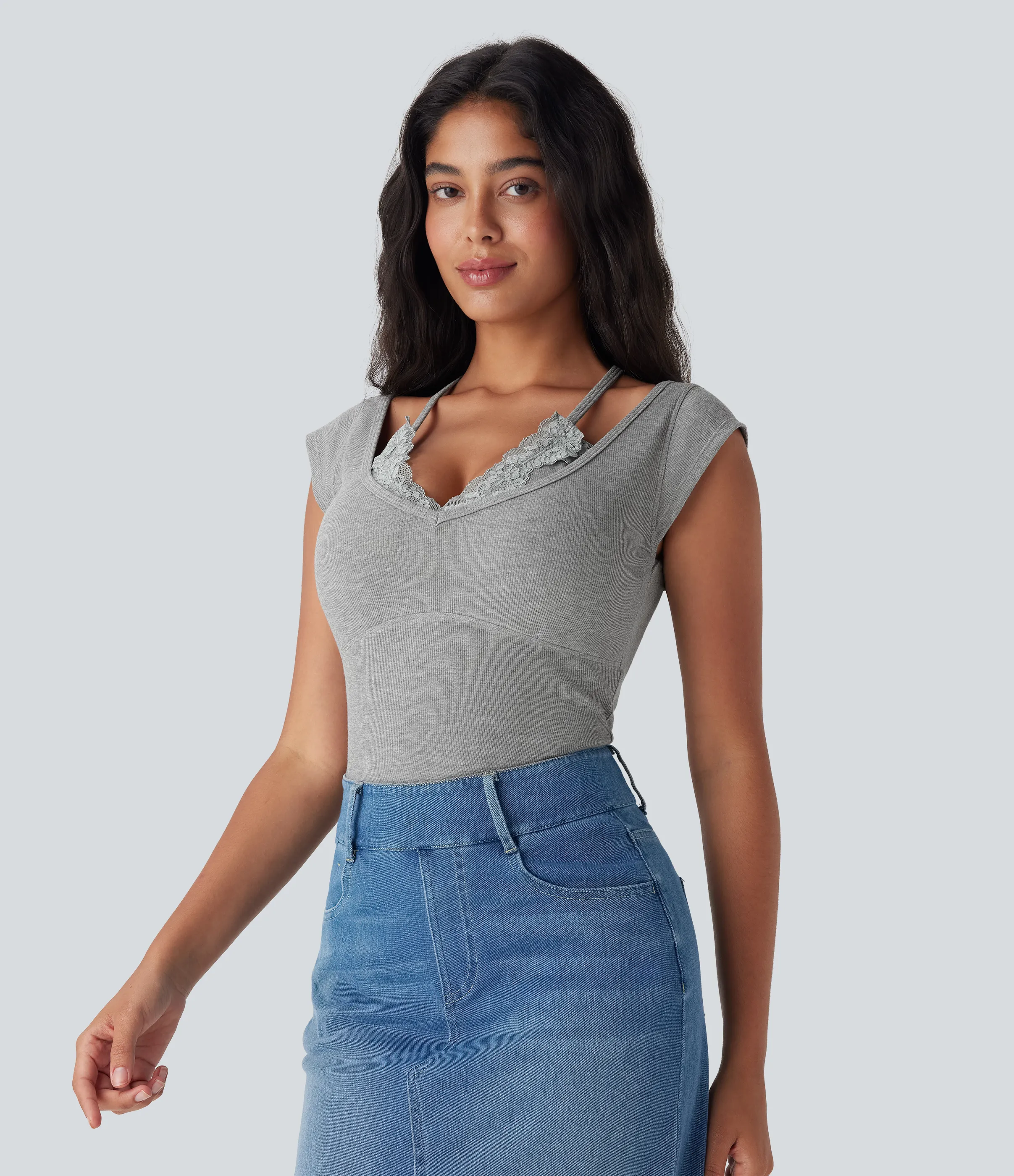 Halara Top encaje acanalado manga corta cuello halter súper elástico agradable para piel - Fog Gray - M sold by Halara product image thumbnail 4