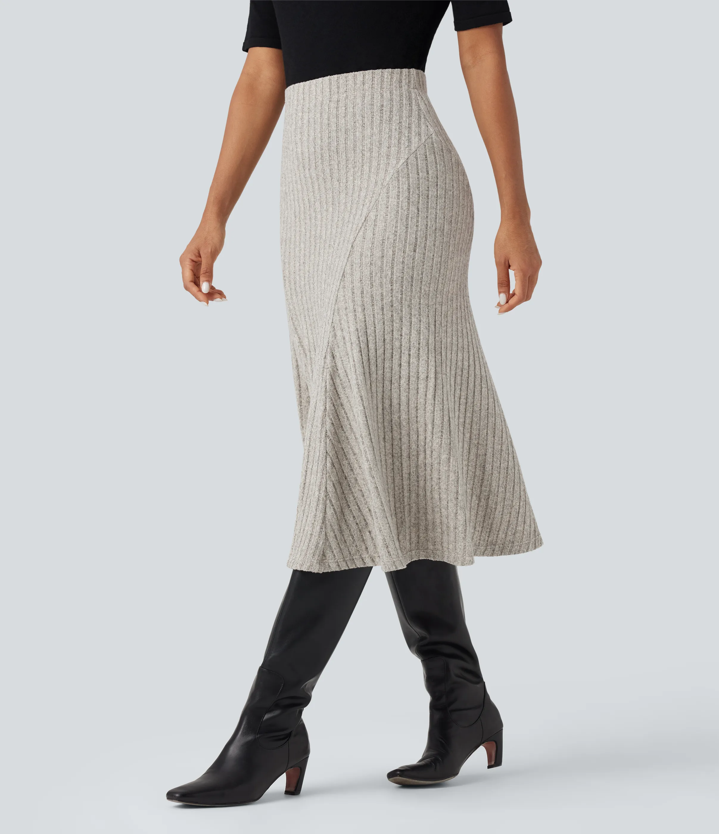 Halara Falda midi casual de tiro alto con corte A y punto acanalado - Warm Grey Floral Velvet - XS(regular) sold by Halara product image thumbnail 4