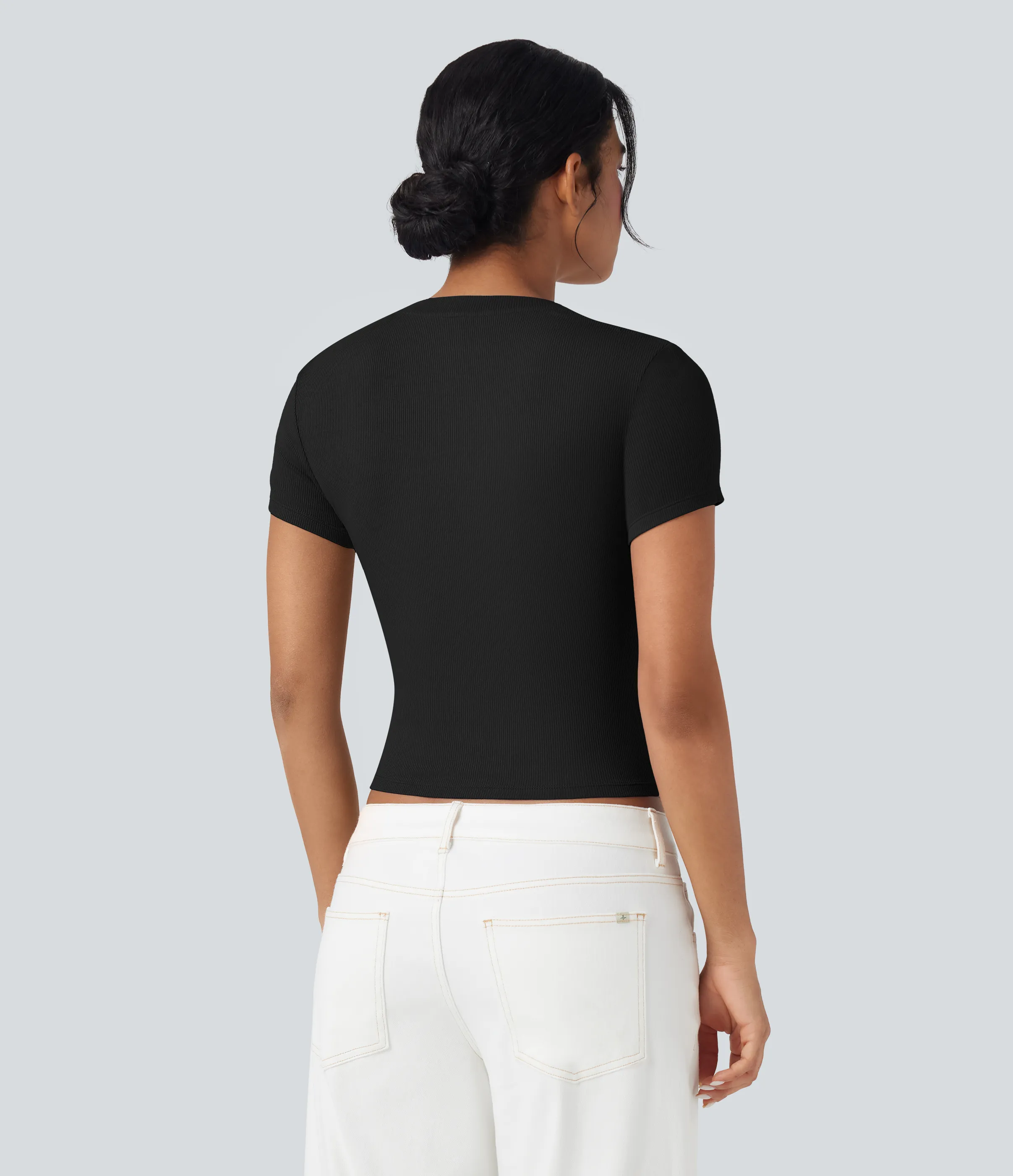 Halara Camiseta casual de manga corta de punto acanalado - Black - M sold by Halara product image thumbnail 3