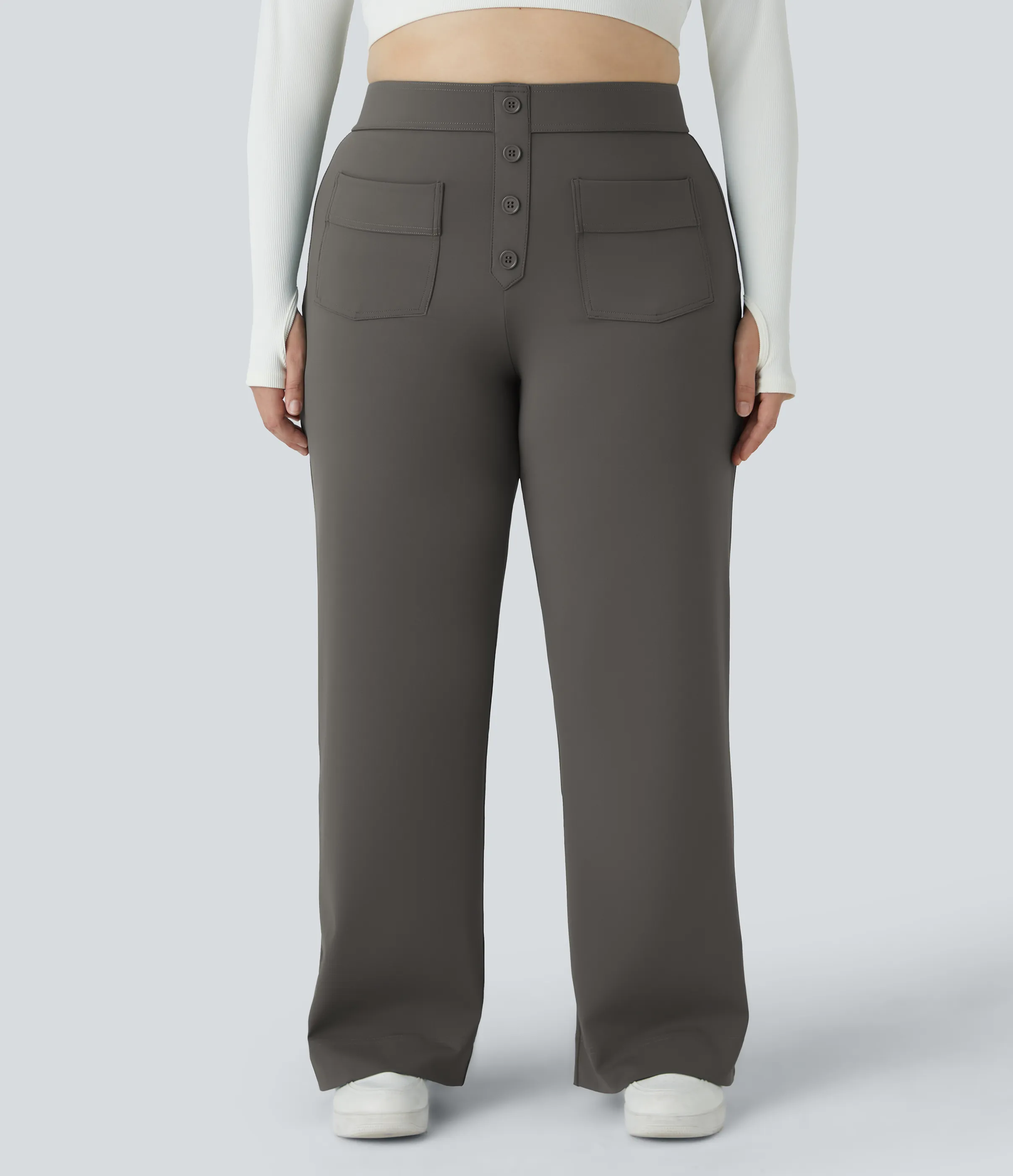 Halara Pantalón tiro alto botón múltiple bolsillo pierna recta talla grande - Deep Red Grey - 1X sold by Halara