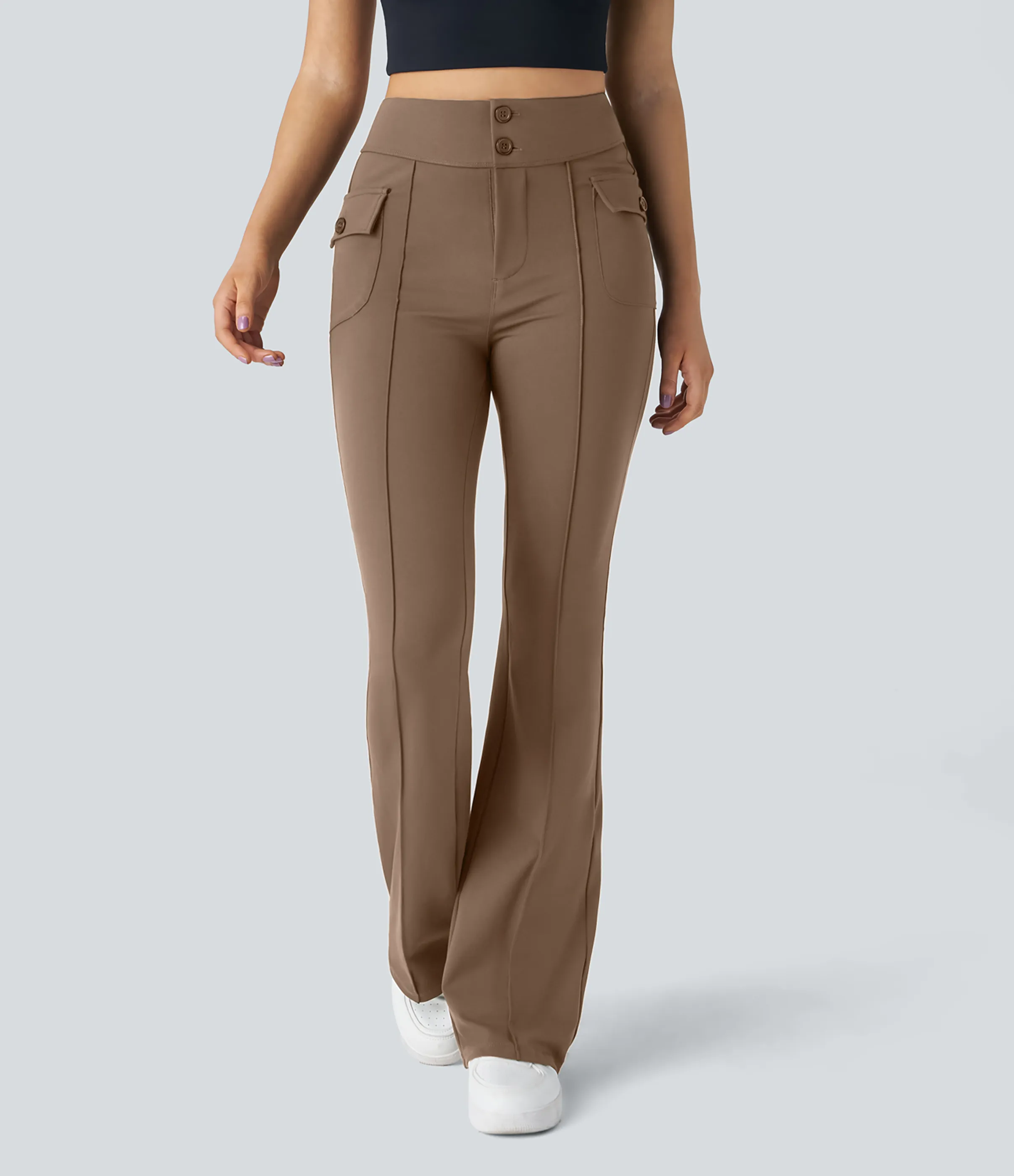 Halara Pantalón cargo acampanado bolsillo solapa lateral botón tiro alto - Burro - S(regular) sold by Halara product image thumbnail 4