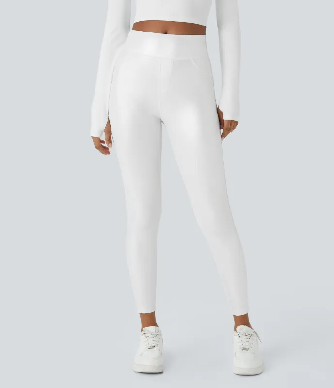 Halara Leggings oficina Softlyzero™ Faux Leather bolsillo lateral trasero tiro alto - Bright Skin Floating White - XL(7/8) sold by Halara