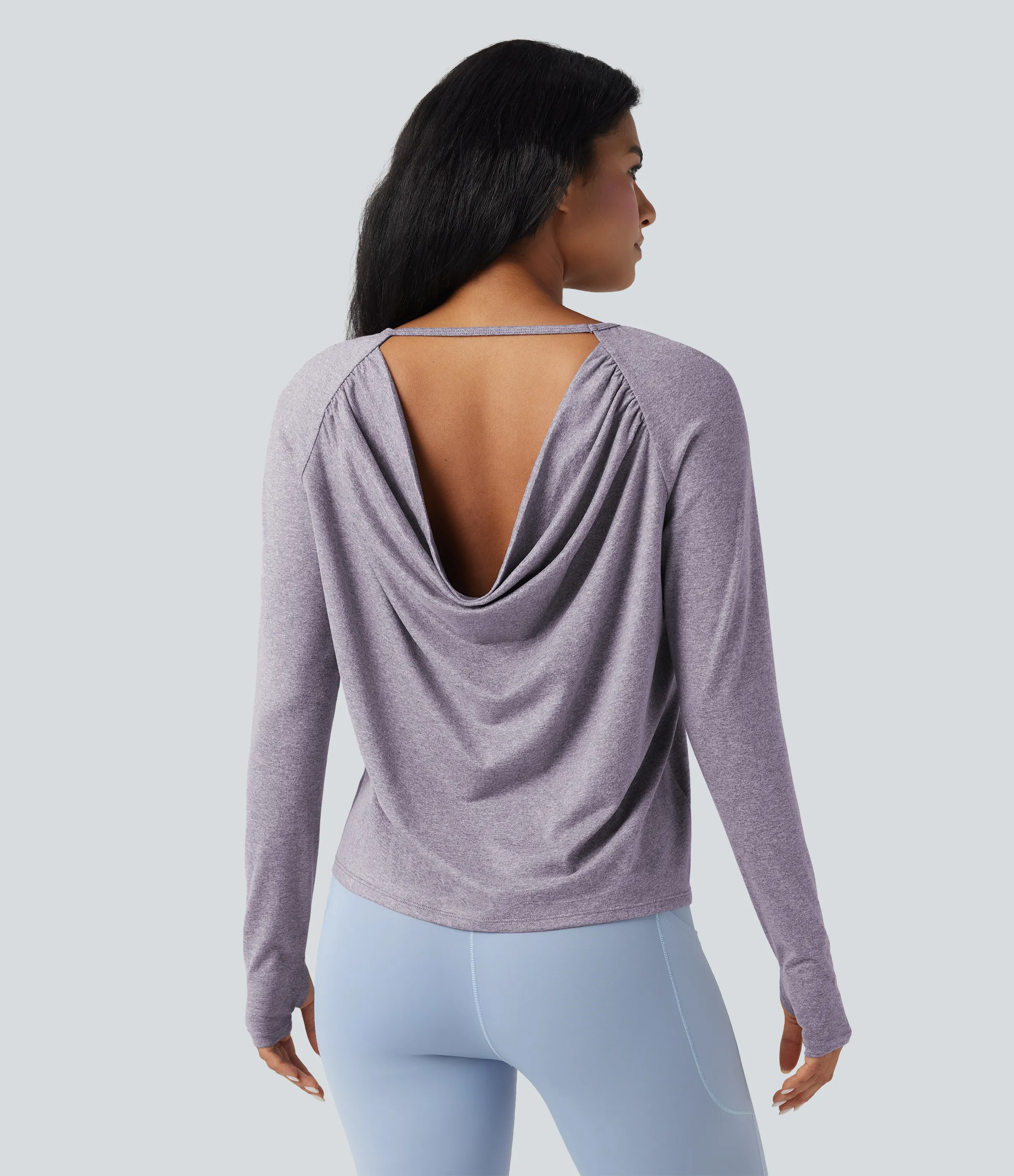 Halara Top deportivo de yoga con abertura para el pulgar y manga larga con espalda descubierta - Purple Ash Floral Yarn - S sold by Halara product image thumbnail 2