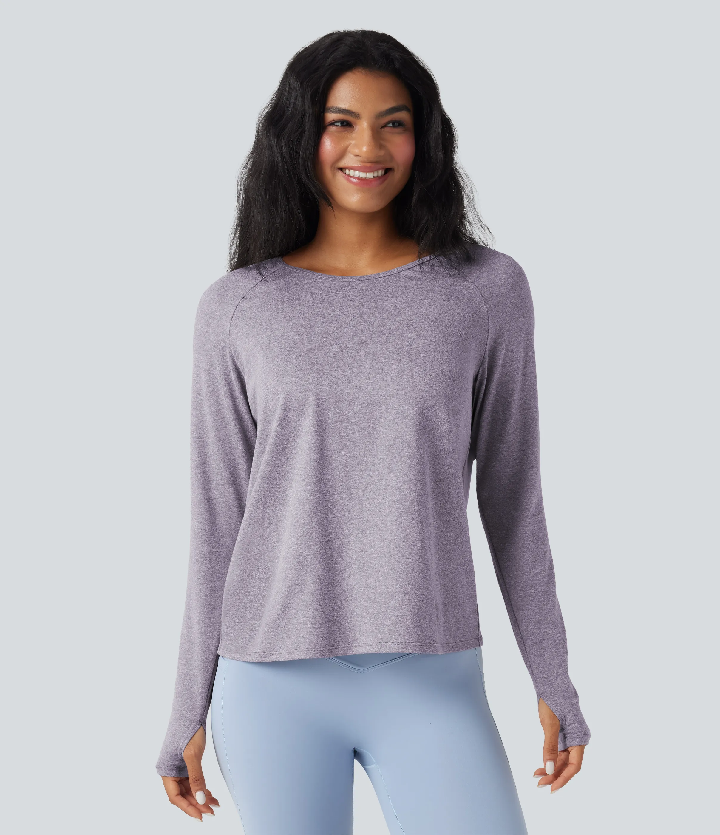 Halara Top deportivo de yoga con abertura para el pulgar y manga larga con espalda descubierta - Purple Ash Floral Yarn - S sold by Halara product image thumbnail 3