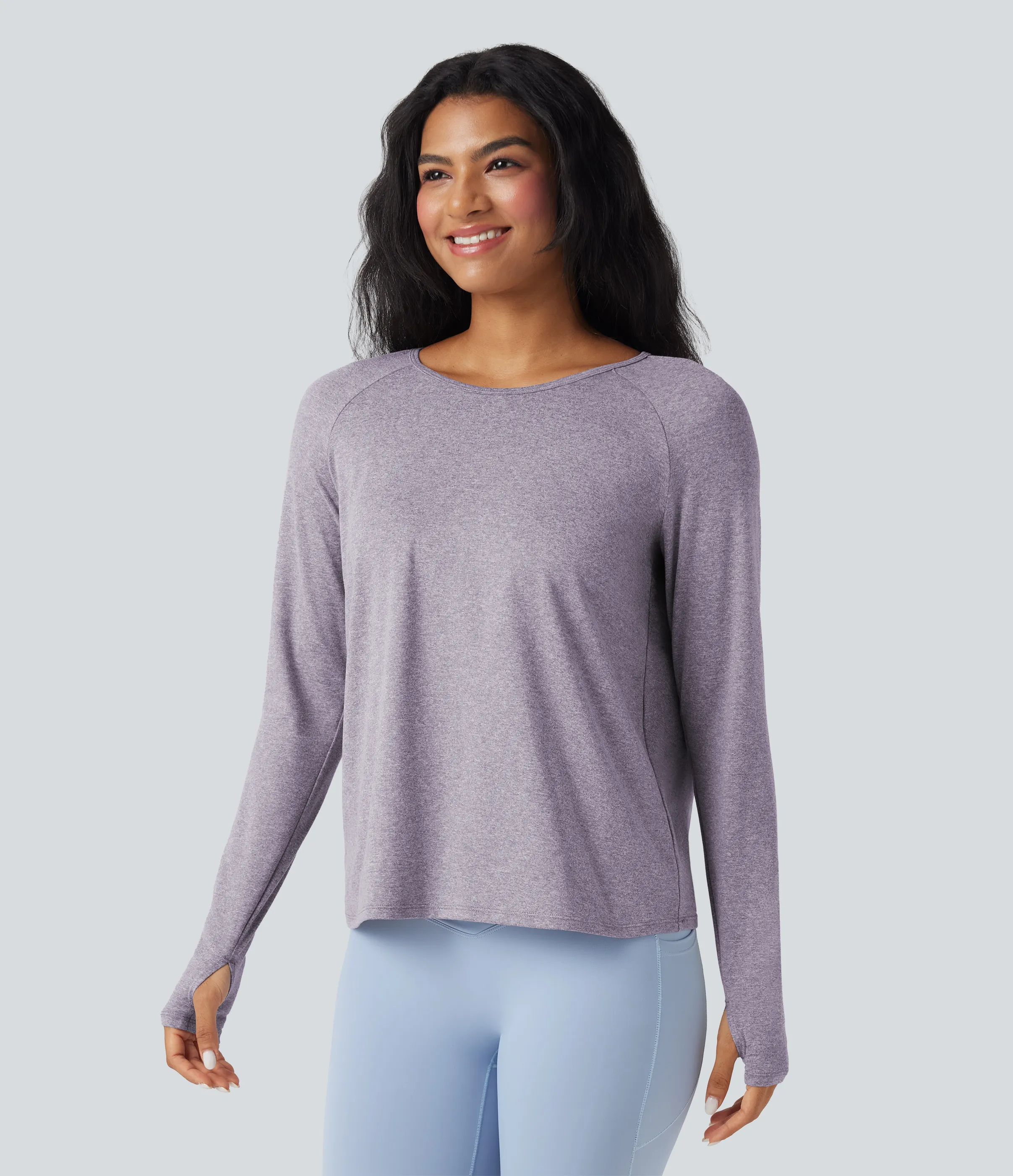 Halara Top deportivo de yoga con abertura para el pulgar y manga larga con espalda descubierta - Purple Ash Floral Yarn - S sold by Halara product image thumbnail 4