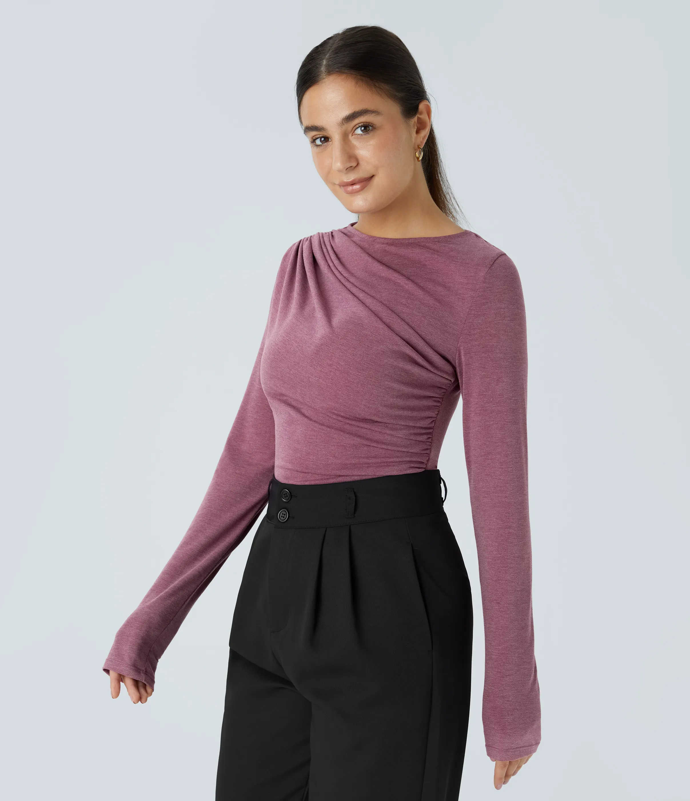 Halara Blusa oficina asimétrica manga larga fruncida - Red Violet Floral Yarn - XL sold by Halara product image thumbnail 4