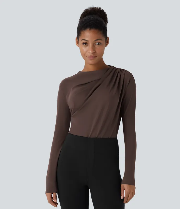 Halara Blusa oficina ajustada manga larga fruncida cuello vuelto - Chestnut - XL sold by Halara