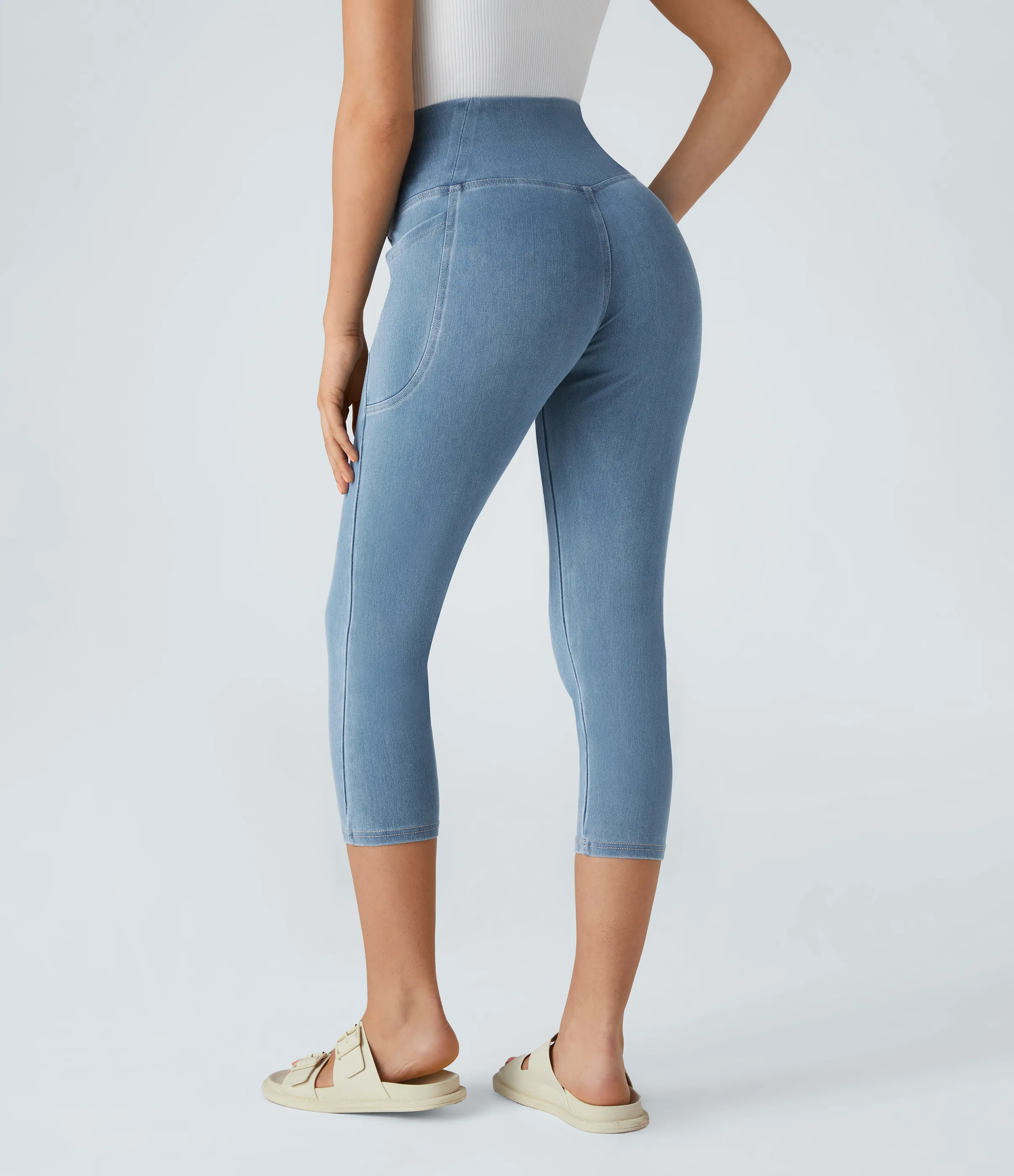 Halara Leggings Halara Flex™ Denim capri mezclilla elástico lavado bolsillo lateral cruzado - Washed Denim Sunny Blue - M(regular) sold by Halara product image thumbnail 3