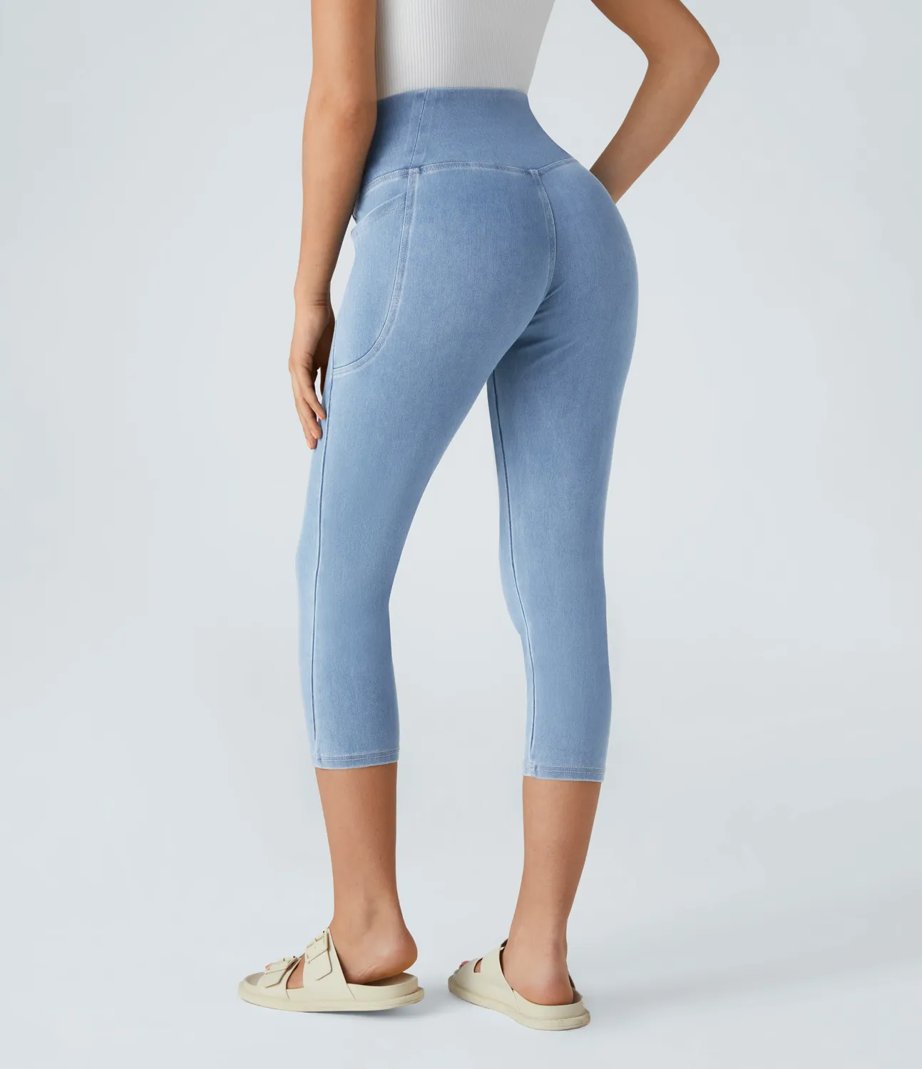 Halara Leggings Halara Flex™ Denim capri mezclilla elástico lavado bolsillo lateral cruzado - Washed Denim Sunny Blue - M(regular) sold by Halara product image thumbnail 5