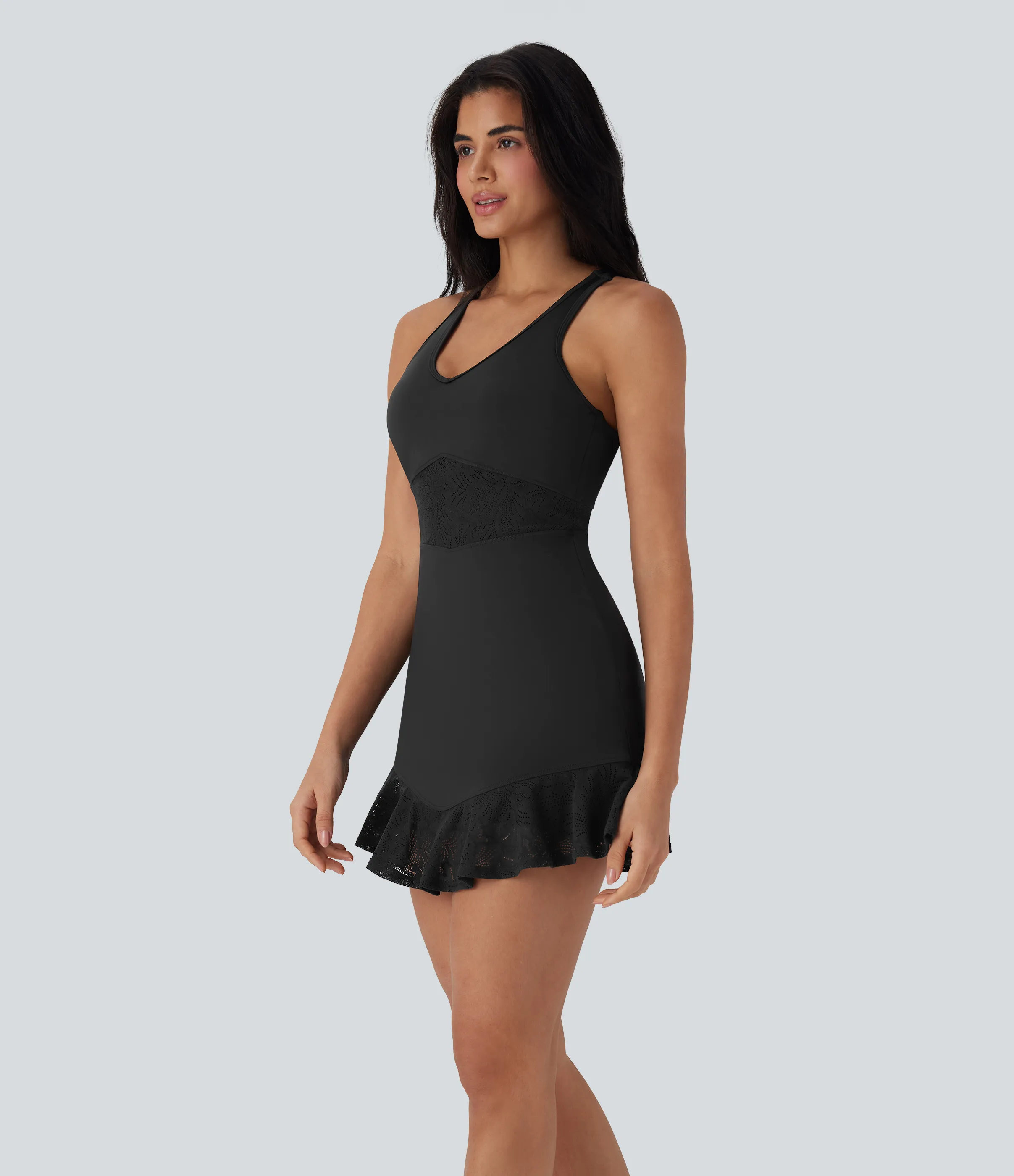 Halara Minivestido de yoga de dos piezas Softlyzero™ con encaje en contraste y espalda descubierta con bolsillo lateral - Black - L sold by Halara product image thumbnail 4