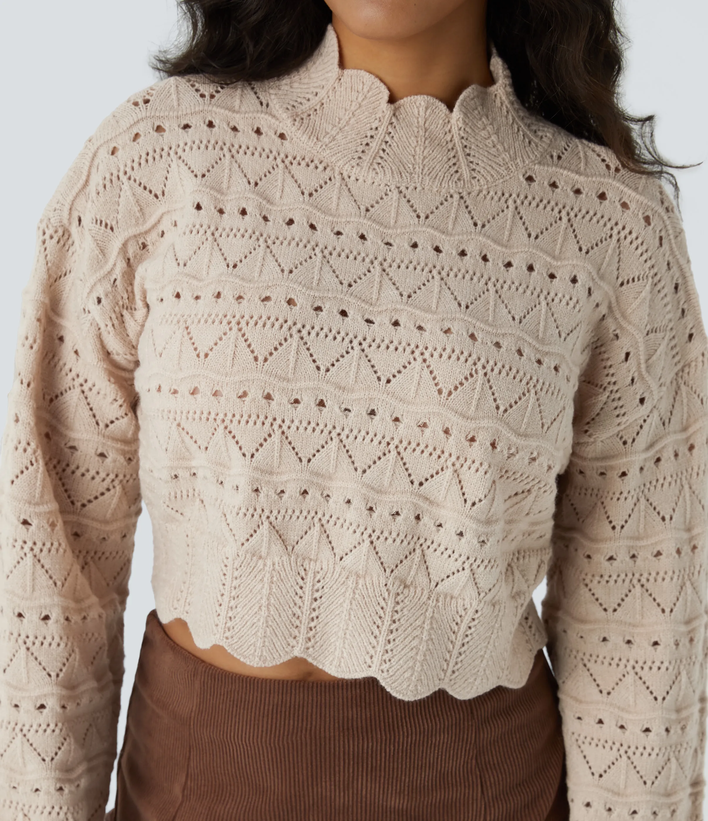 Halara Suéter abierto dobladillo festoneado manga obispo cuello alto - Pumice Stone - S sold by Halara product image thumbnail 5