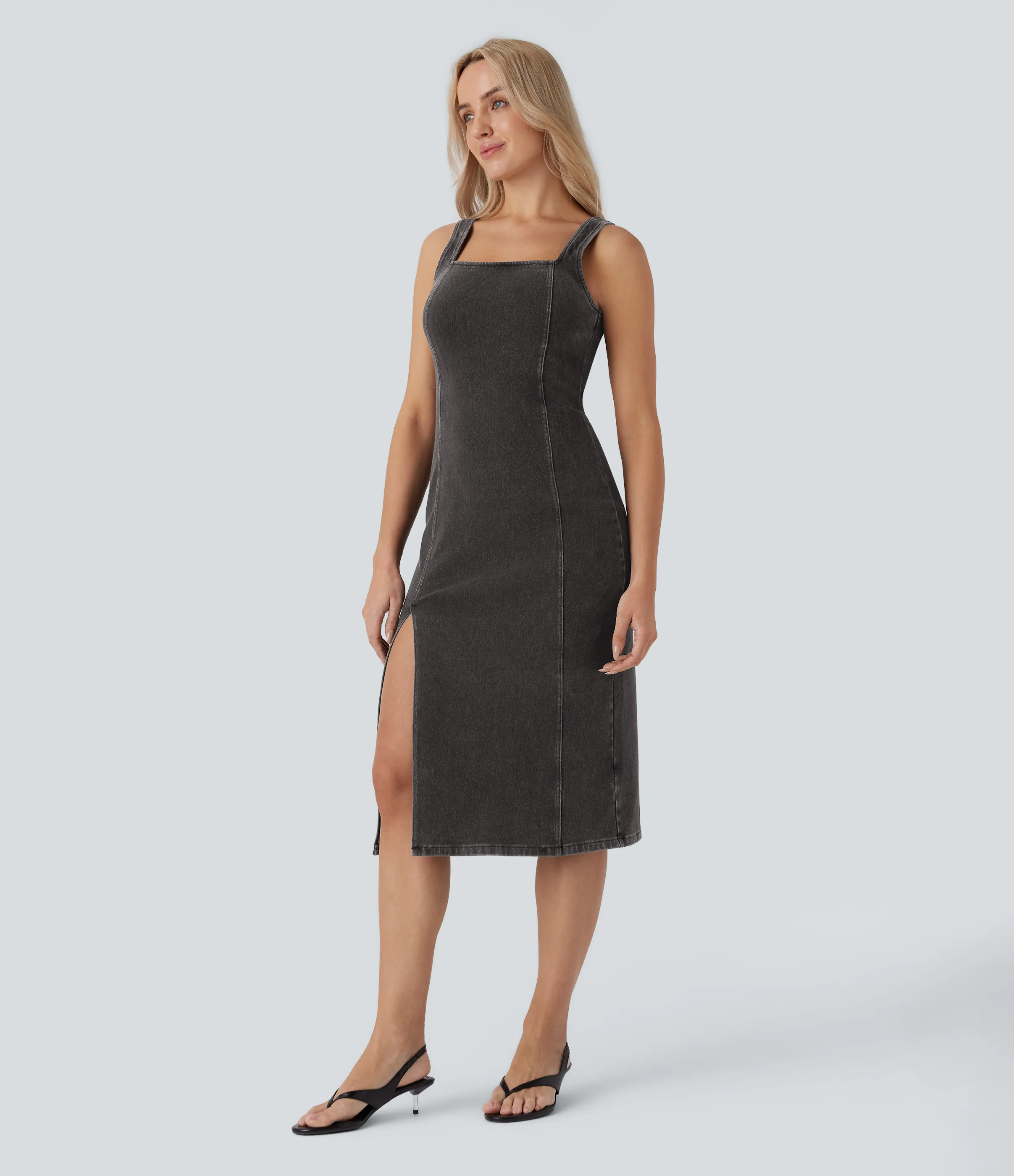 Halara Vestido Halara Flex™ Denim mezclilla elástico lavado media pierna cuello cuadrado sin mangas cremallera espalda abertura - Sandalwood Black Denim - XS sold by Halara product image thumbnail 3