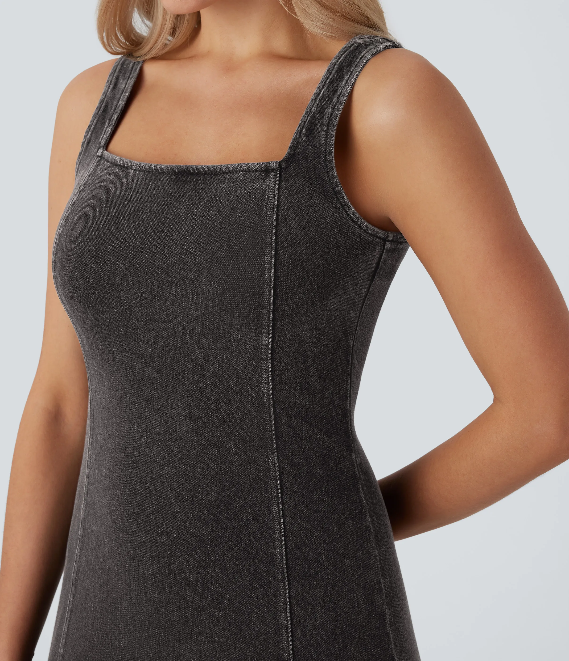 Halara Vestido Halara Flex™ Denim mezclilla elástico lavado media pierna cuello cuadrado sin mangas cremallera espalda abertura - Sandalwood Black Denim - XS sold by Halara product image thumbnail 5