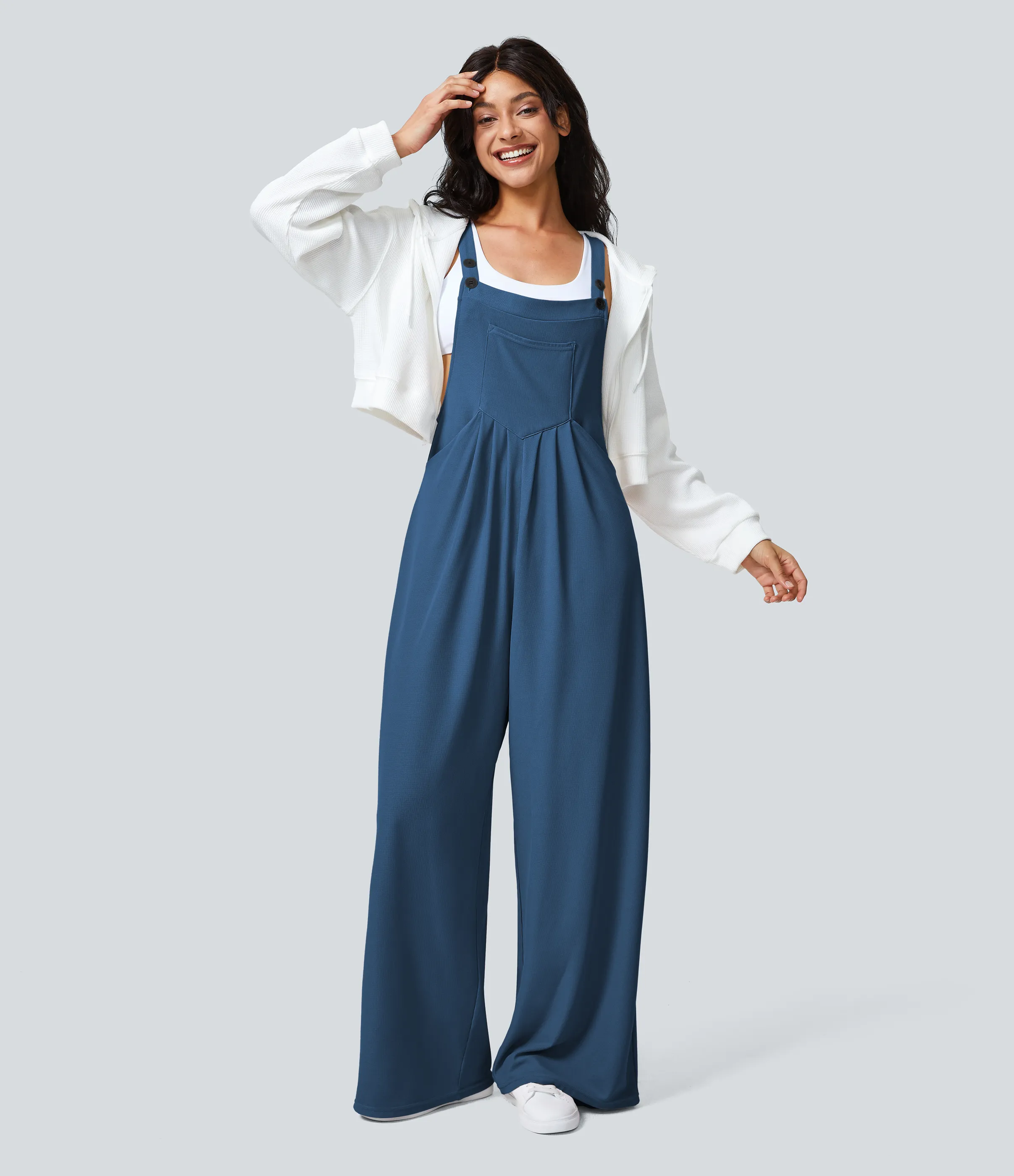 Halara Overol botón correa ajustable bolsillo múltiple gofre plisado - Dark Blue - XS(petite) sold by Halara product image thumbnail 2