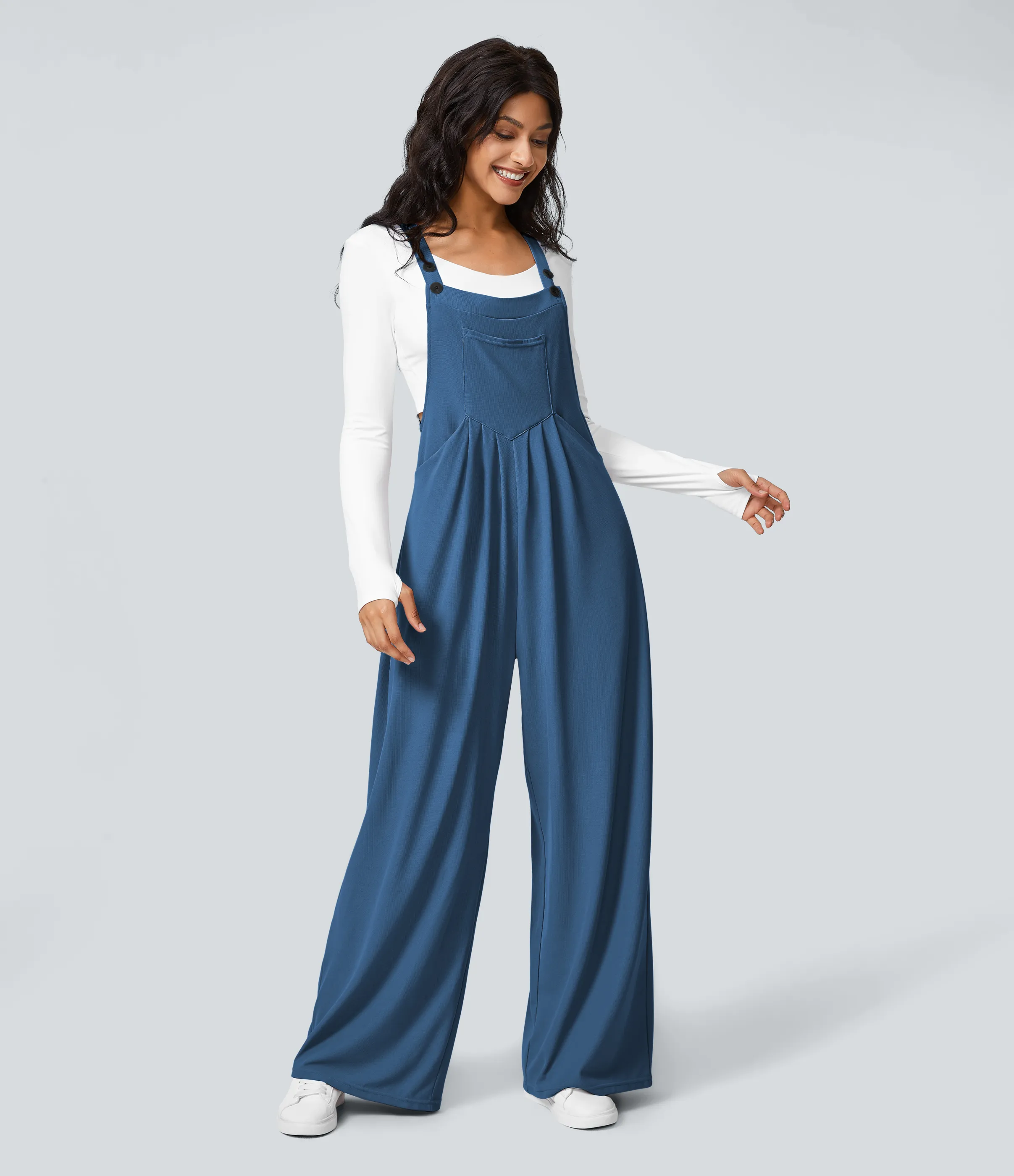 Halara Overol botón correa ajustable bolsillo múltiple gofre plisado - Dark Blue - XS(petite) sold by Halara product image thumbnail 3