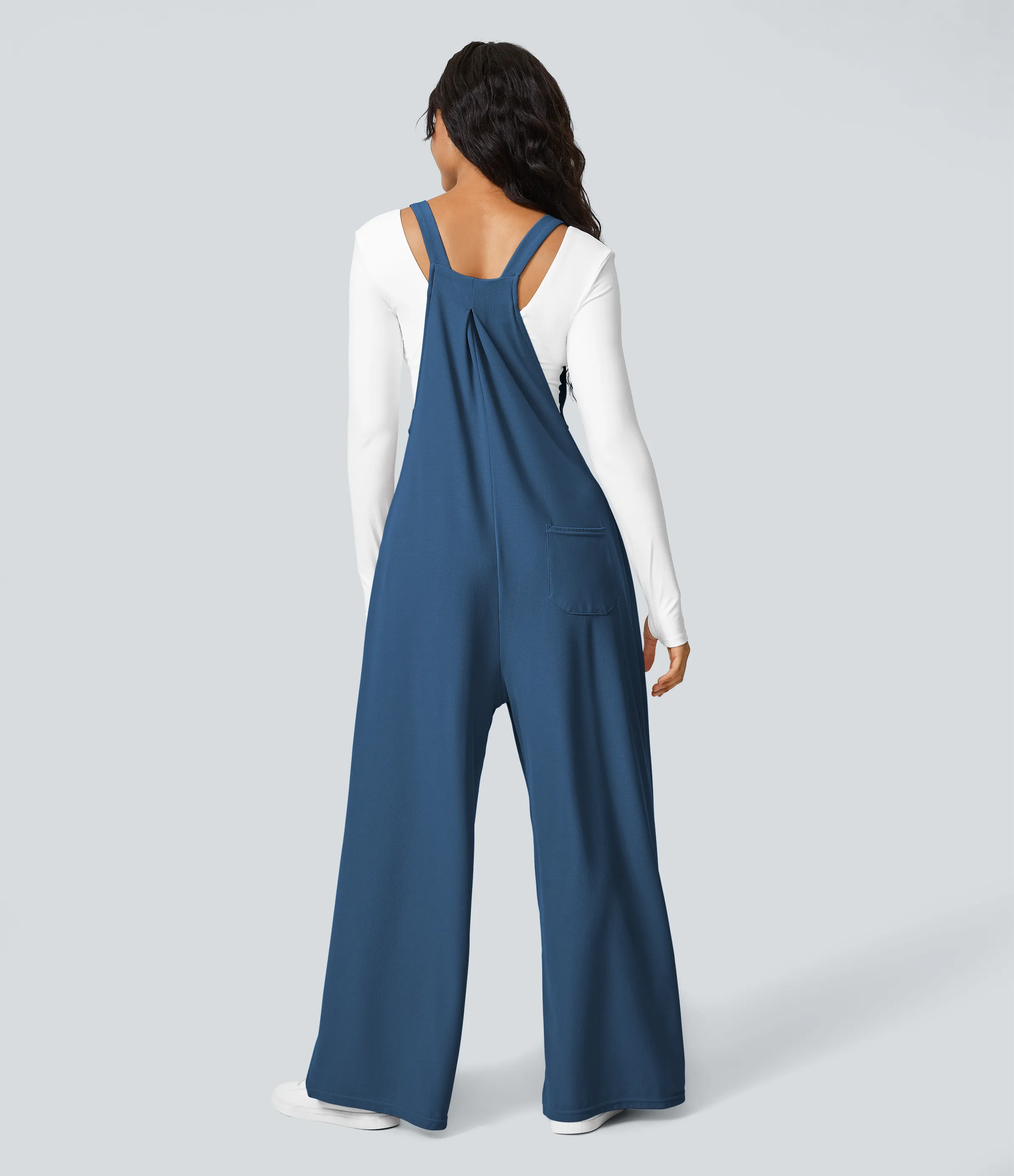 Halara Overol botón correa ajustable bolsillo múltiple gofre plisado - Dark Blue - XS(petite) sold by Halara product image thumbnail 4