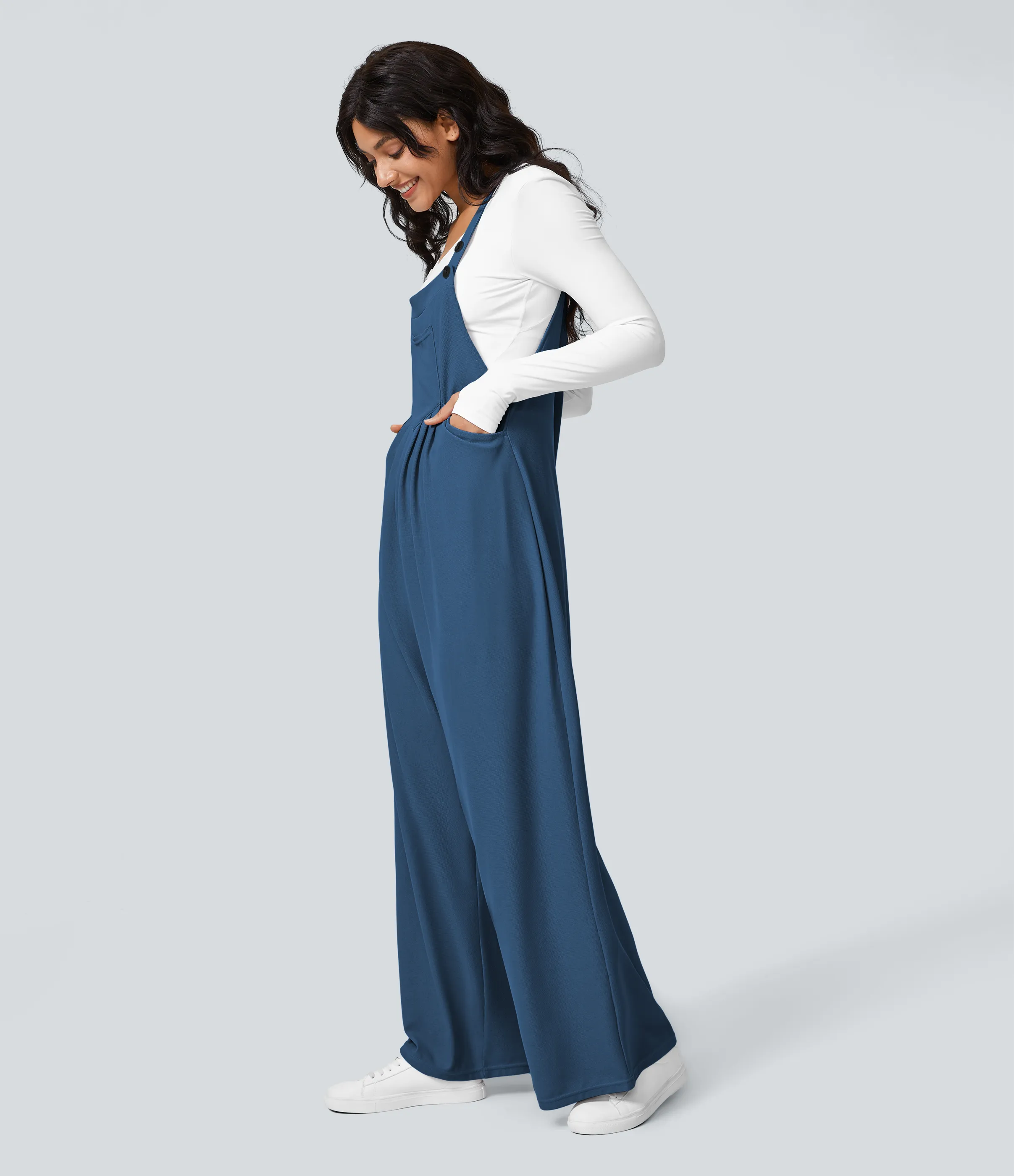 Halara Overol botón correa ajustable bolsillo múltiple gofre plisado - Dark Blue - XS(petite) sold by Halara product image thumbnail 5