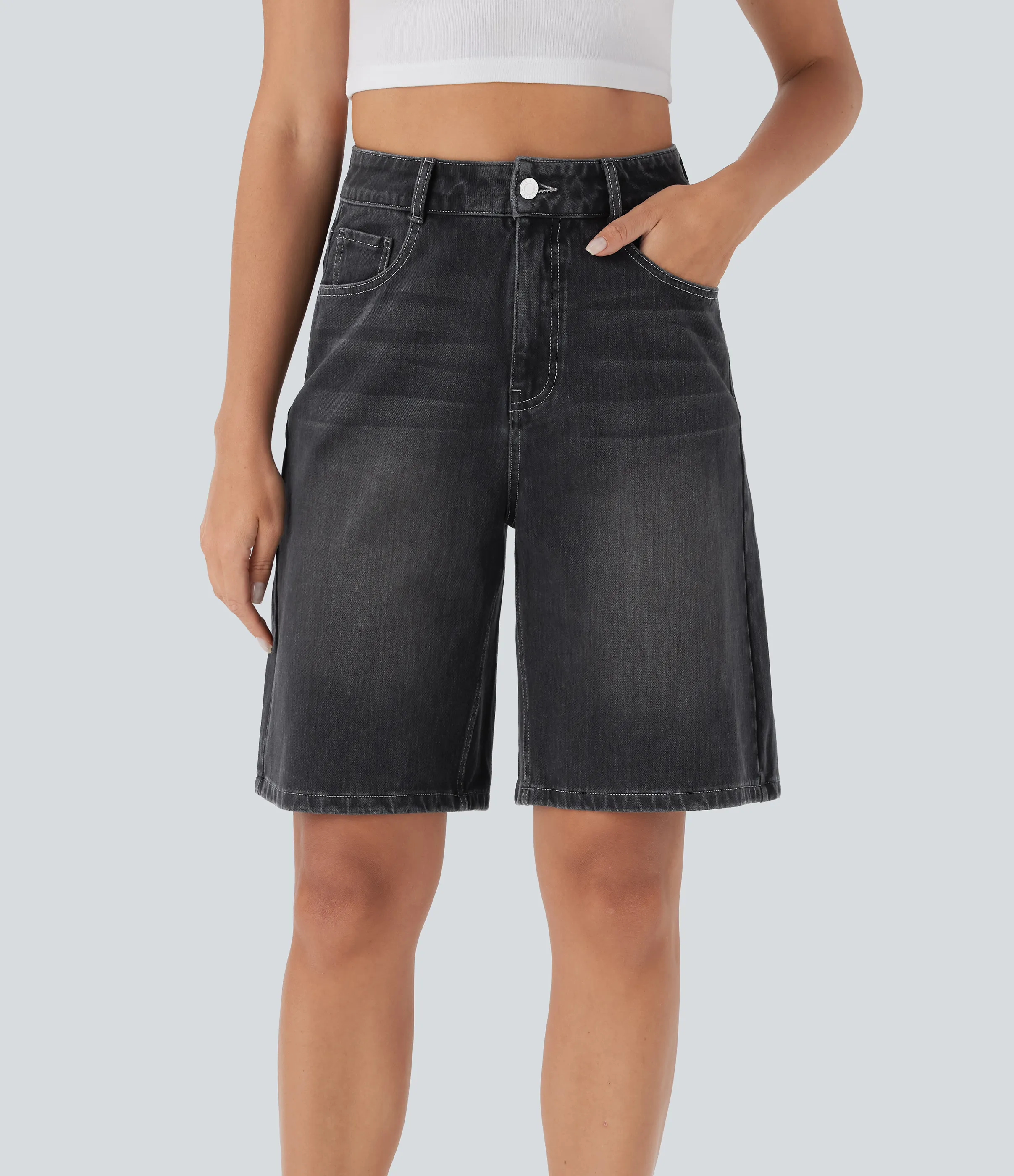 Halara Bermudas Halara Flex™ Denim mezclilla elástico lavado múltiple bolsillo tiro alto - Phantom Denim - M(regular) sold by Halara product image thumbnail 3