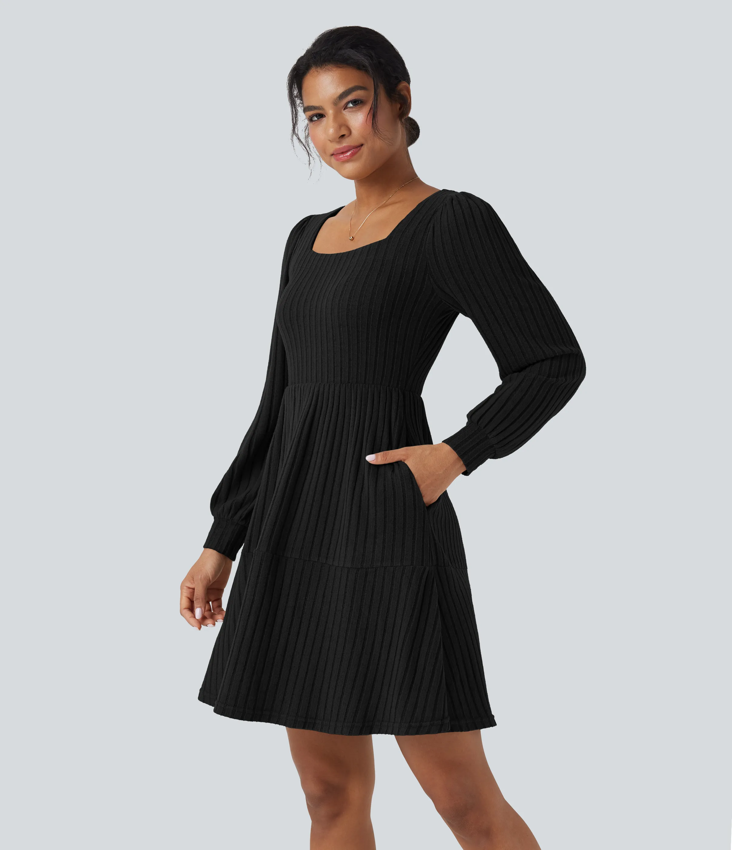 Halara Vestido casual de punto acanalado con cuello cuadrado manga larga abullonada y bolsillos - Black - S sold by Halara