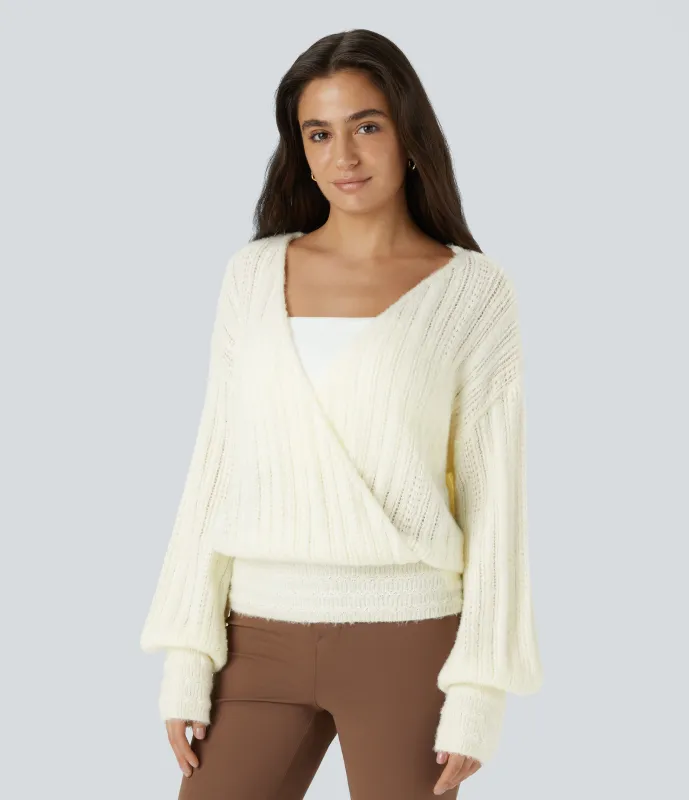 Halara Suéter oficina manga larga cuello V transparente usar delante detrás - Cannoli Cream - XL sold by Halara