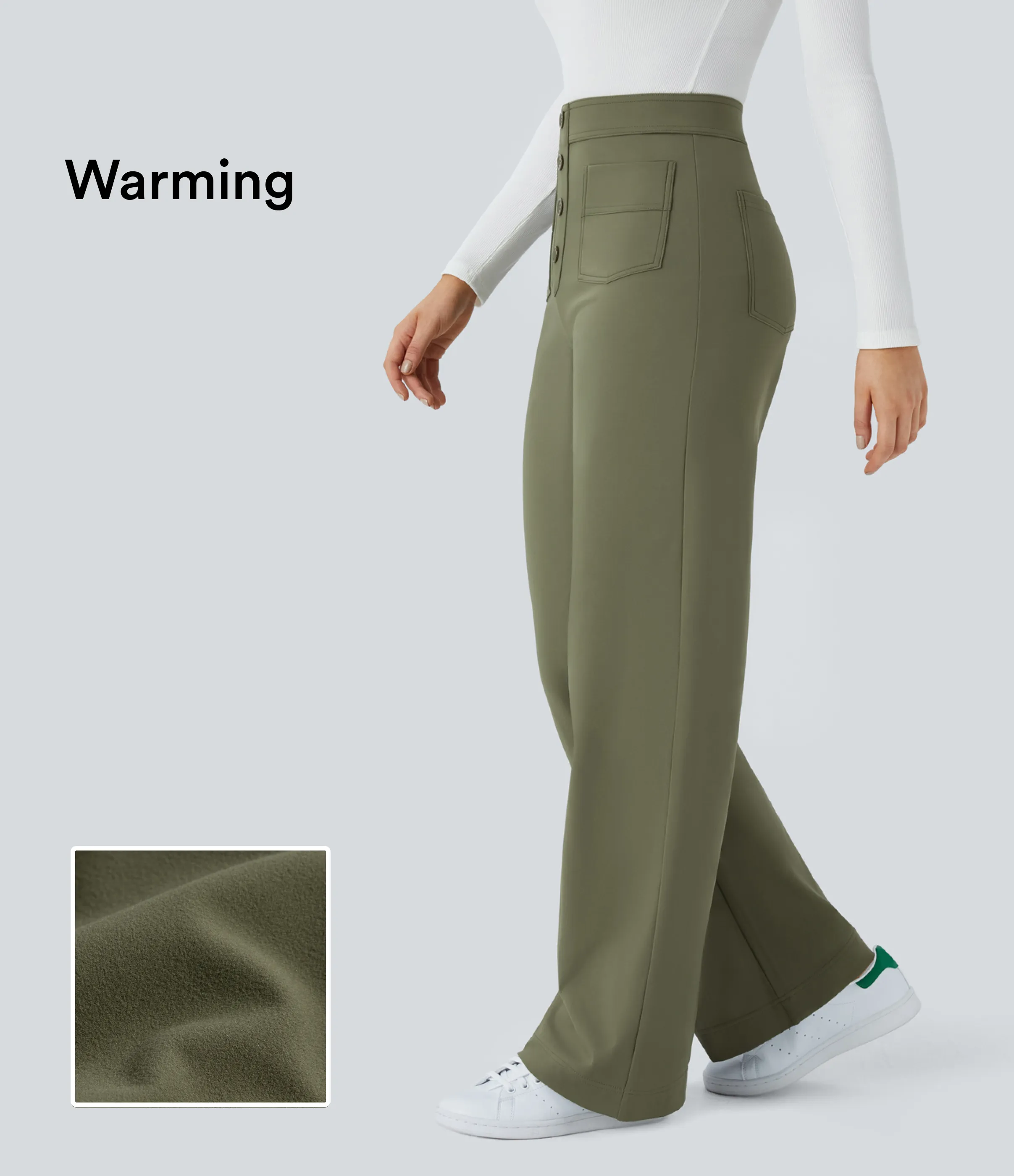 Halara Pantalón Softlyzero™ Plush pierna recta botón múltiple bolsillo tiro alto térmica - Moss Green - XS(tall) sold by Halara