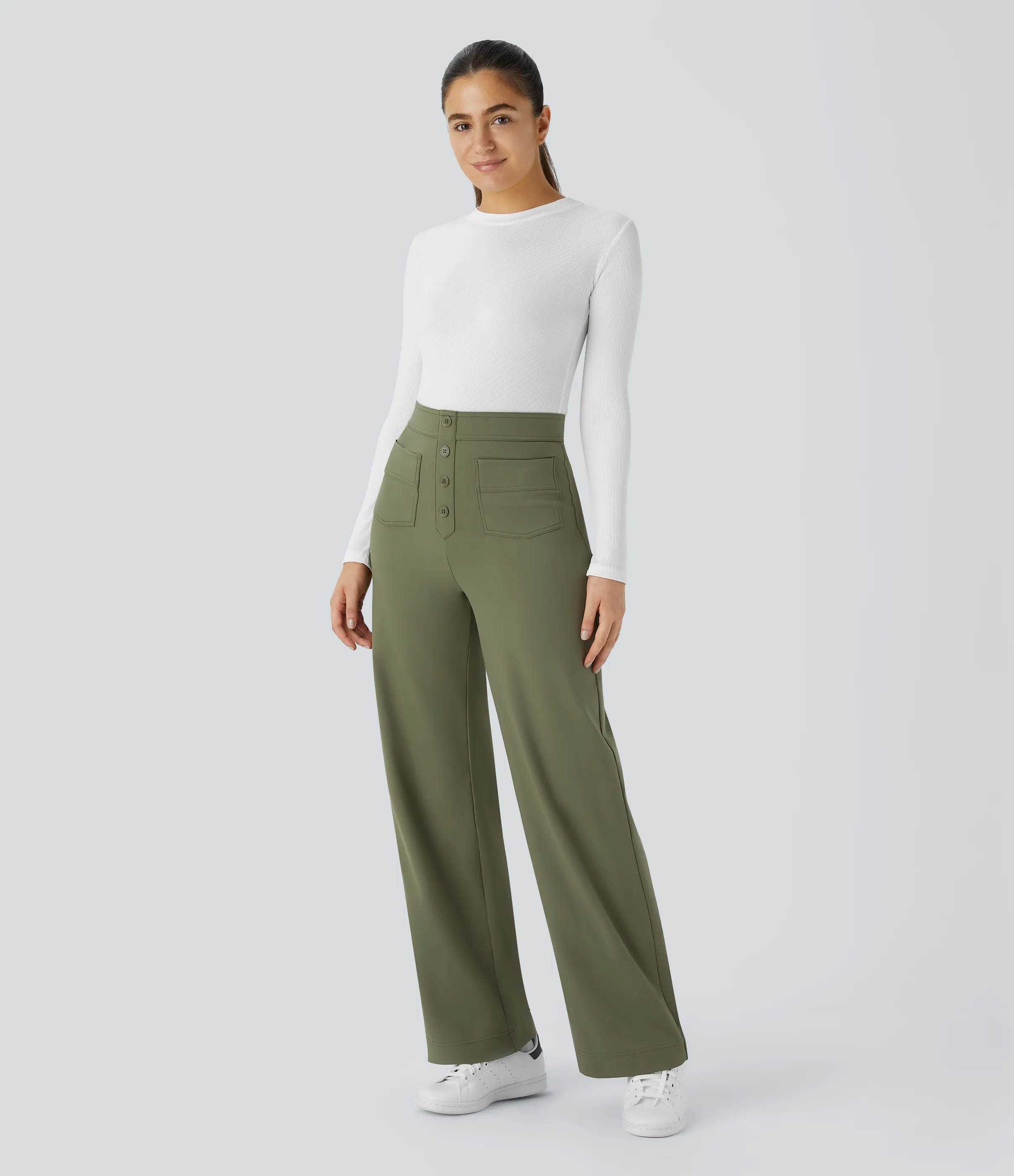 Halara Pantalón Softlyzero™ Plush pierna recta botón múltiple bolsillo tiro alto térmica - Moss Green - XS(tall) sold by Halara product image thumbnail 5