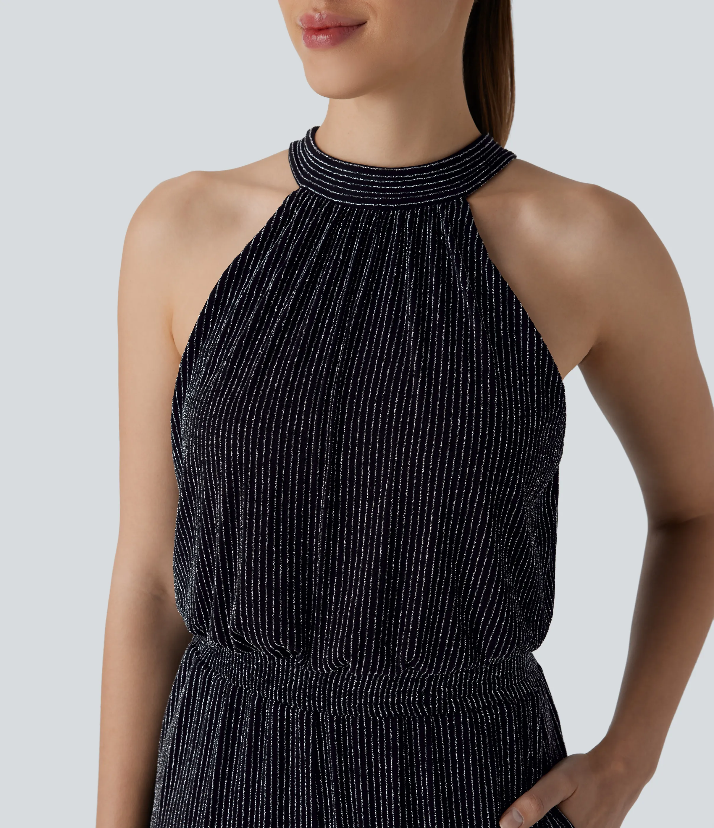 Halara Mono cuello halter lazo espalda cremallera invisible sin mangas bolsillo lateral raya metálica - Black White Starlight Stripe - L(regular) sold by Halara product image thumbnail 5