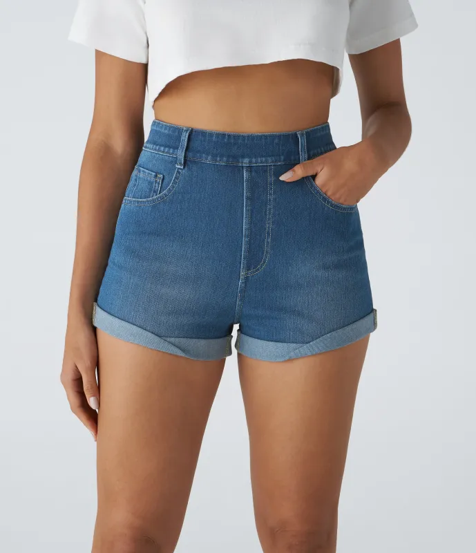 Halara Pantalón corto Halara Flex™ Denim elástico lavado dobladillo enrollado múltiple bolsillo tiro alto - Dark Azure Blue Denim - XL(regular) sold by Halara