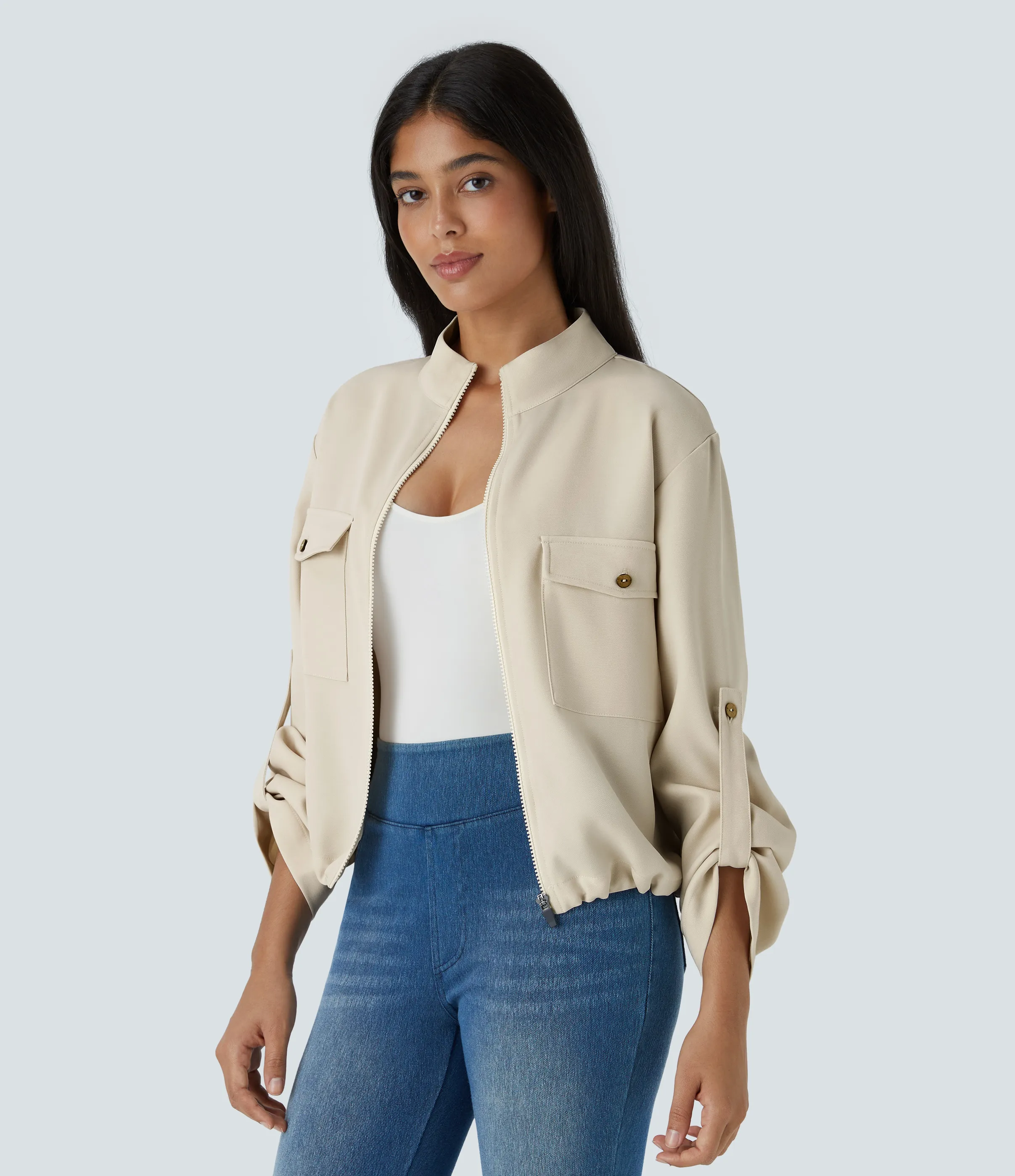 Halara Chaqueta cuello alto manga enrollable bolsillo solapa cordón interior dobladillo cremallera - Arctic Wolf - XL sold by Halara product image thumbnail 4