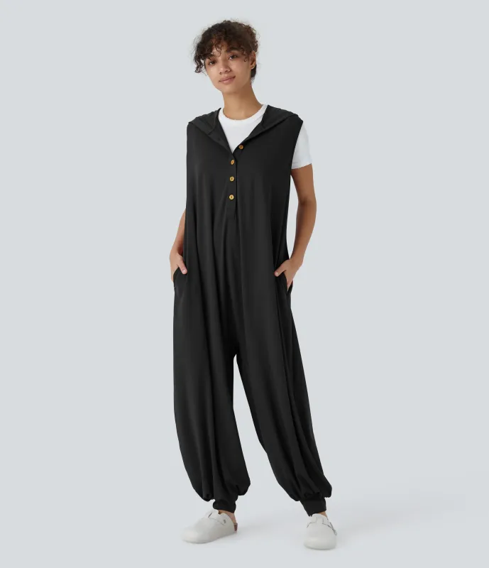 Halara Mono jogger drapeado bolsillo lateral sin mangas botón capucha delantera - Black - M(regular) sold by Halara