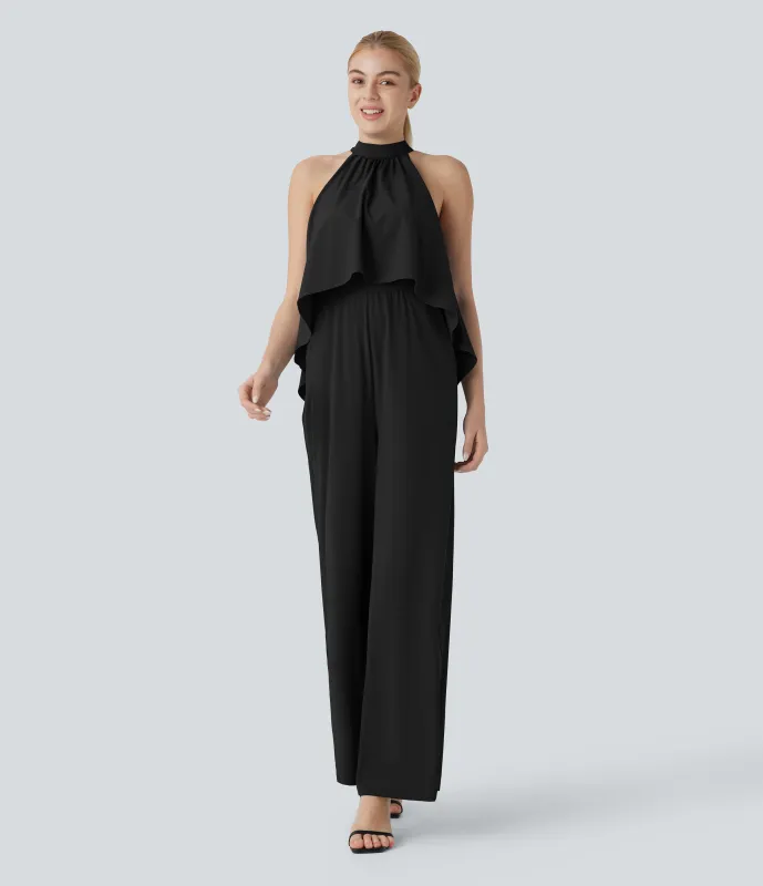 Halara Mono Breezeful™ oficina cuello halter cremallera invisible dobladillo fluido bolsillo lateral pierna ancha secado rápido - Black - L(regular) made by Halara