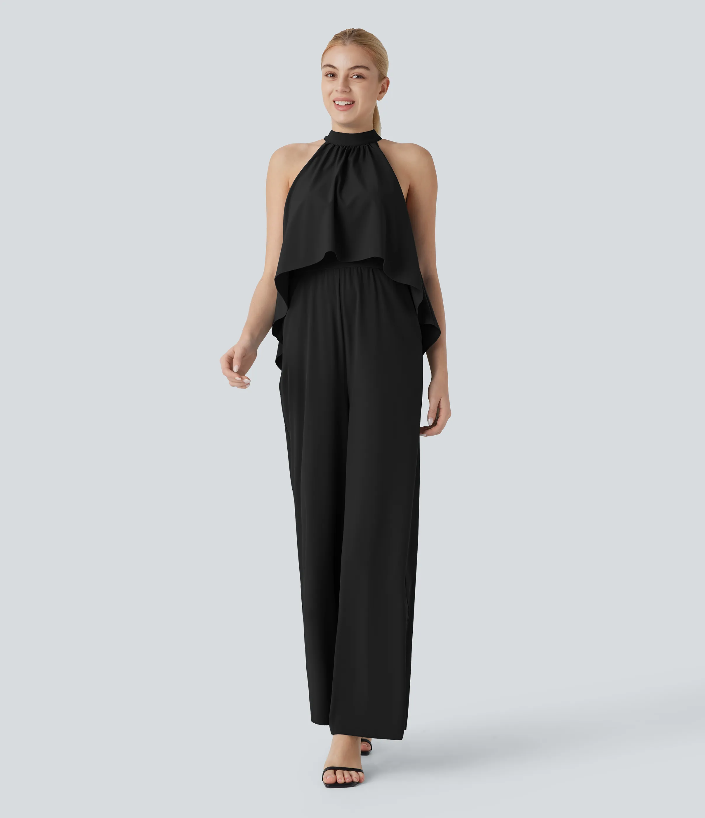 Halara Mono Breezeful™ oficina cuello halter cremallera invisible dobladillo fluido bolsillo lateral pierna ancha secado rápido - Black - L(regular) sold by Halara product image thumbnail 2