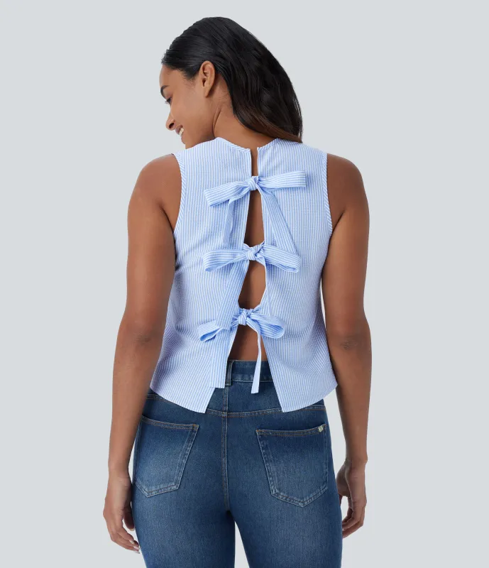 Halara Blusa sin mangas cuello redondo lazo espalda - Azure White Stripe - XS sold by Halara