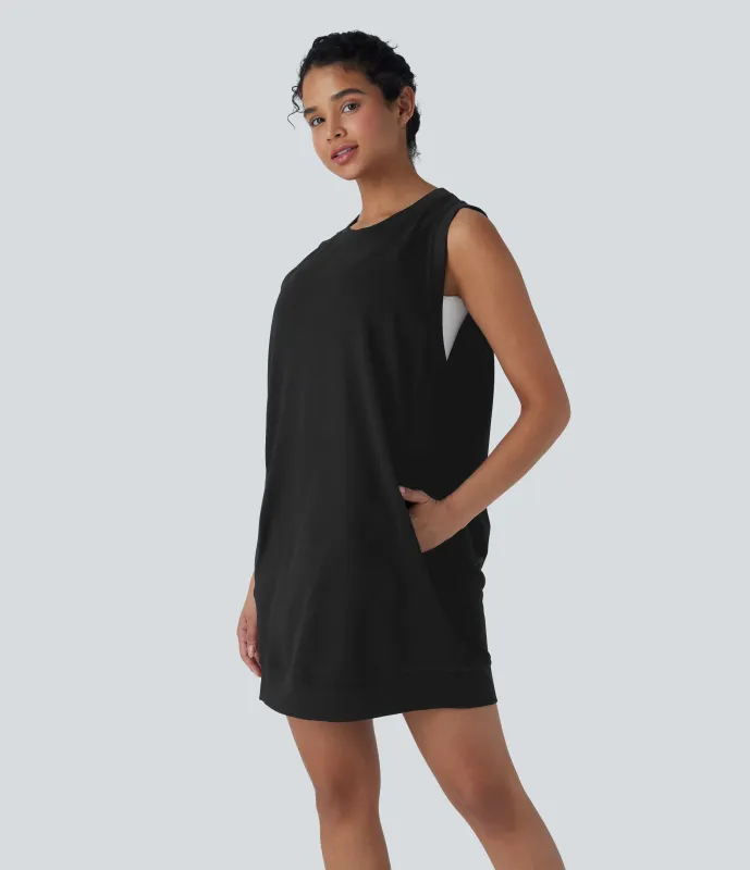 Halara Vestido mini casual sin mangas con escote redondo y espalda cruzada con bolsillos - Black - L sold by Halara