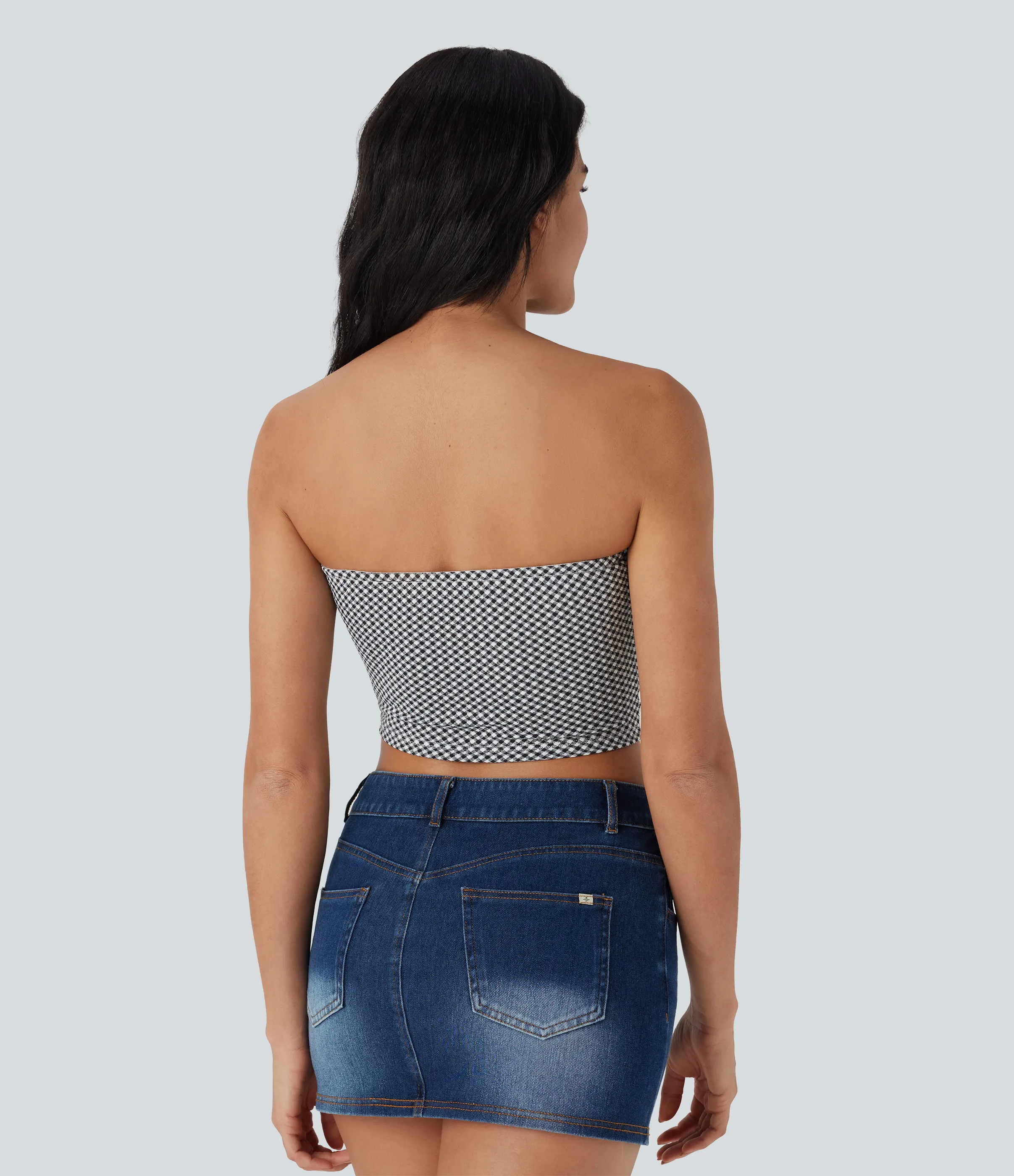 Halara Top de tubo casual corto con cuadros fruncidos - Black White Diagonal Plaid - XL sold by Halara product image thumbnail 3