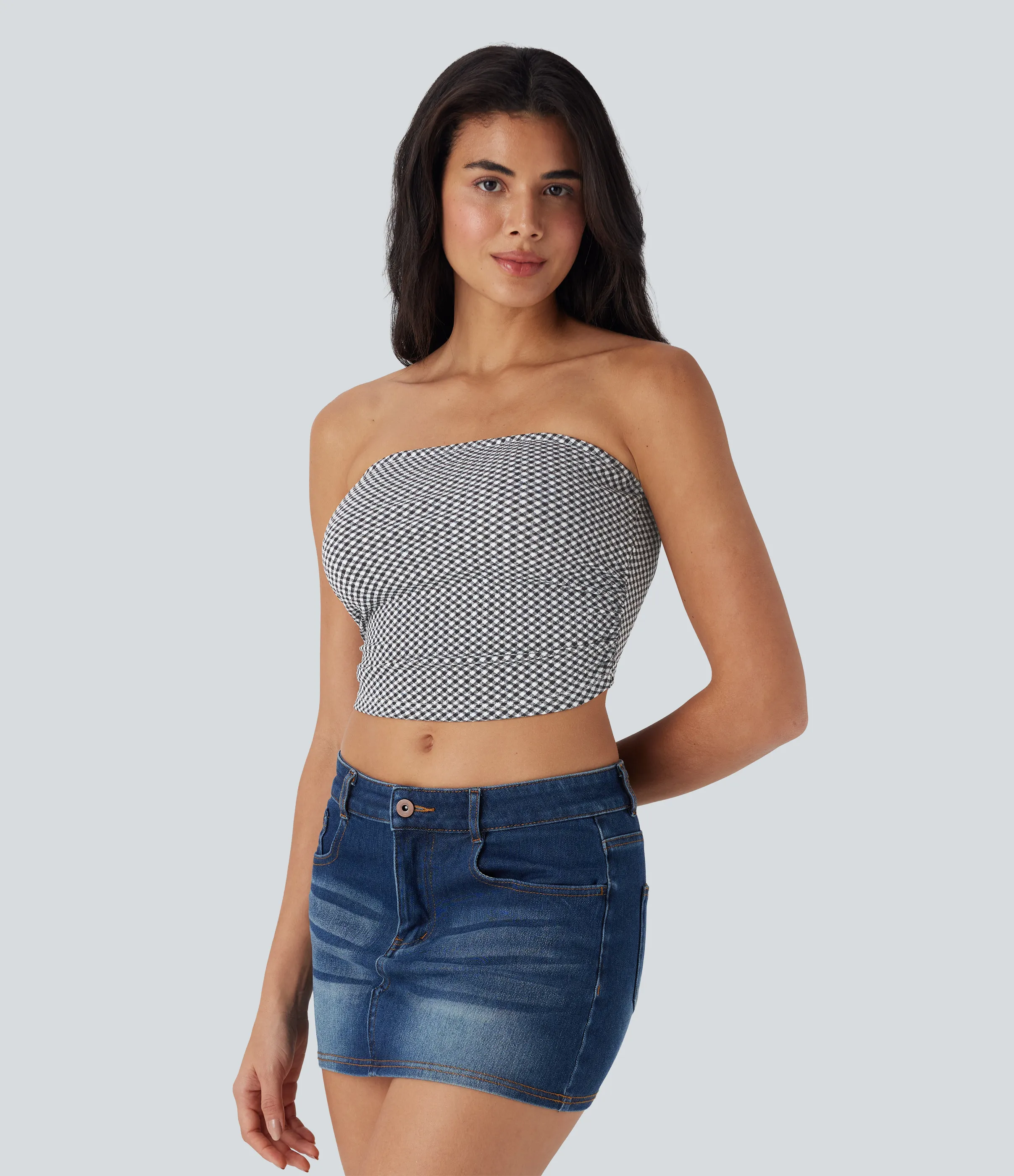Halara Top de tubo casual corto con cuadros fruncidos - Black White Diagonal Plaid - XL sold by Halara product image thumbnail 4