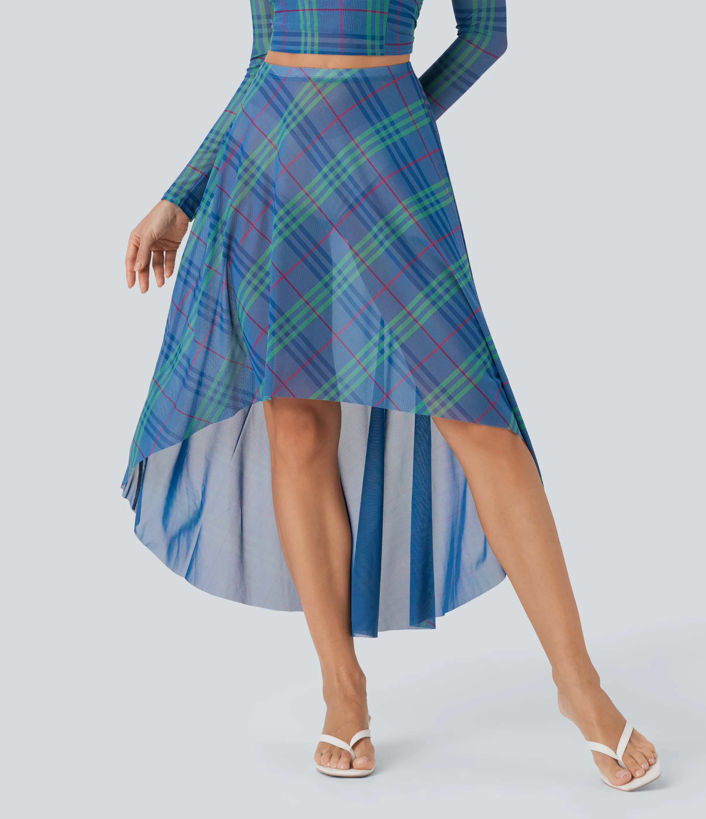 Halara Falda larga fluida con tiro alto de malla transparente con tiro alto y cuadros escoceses - Sky Blue Greengage Red Plaid - S(regular) sold by Halara product image thumbnail 4