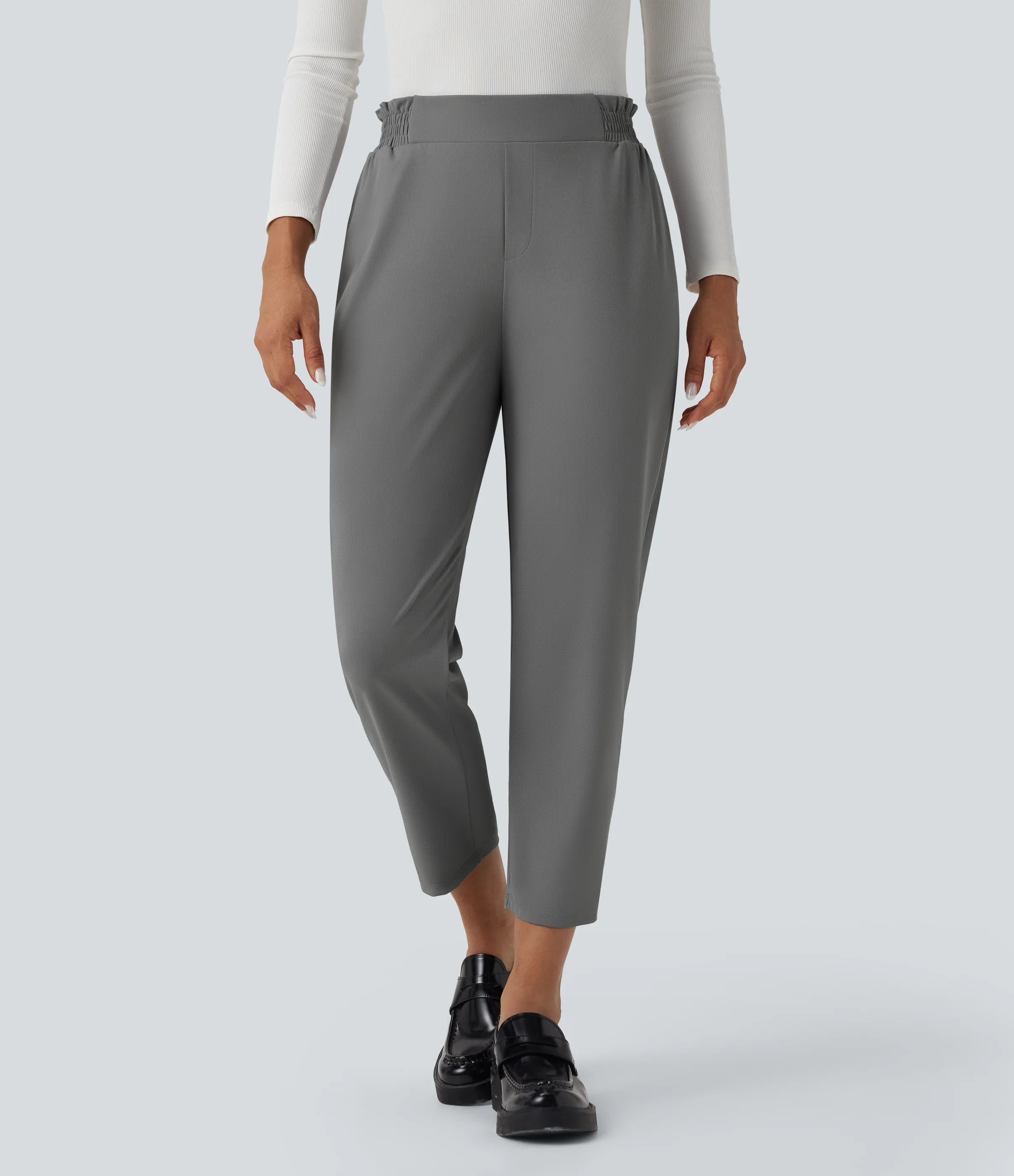 Halara Pantalones de oficina ajustados con secado rádpido de tiro medio con volantes y bolsillos - UPF 40+ - Steel Gray - M(regular) sold by Halara product image thumbnail 3