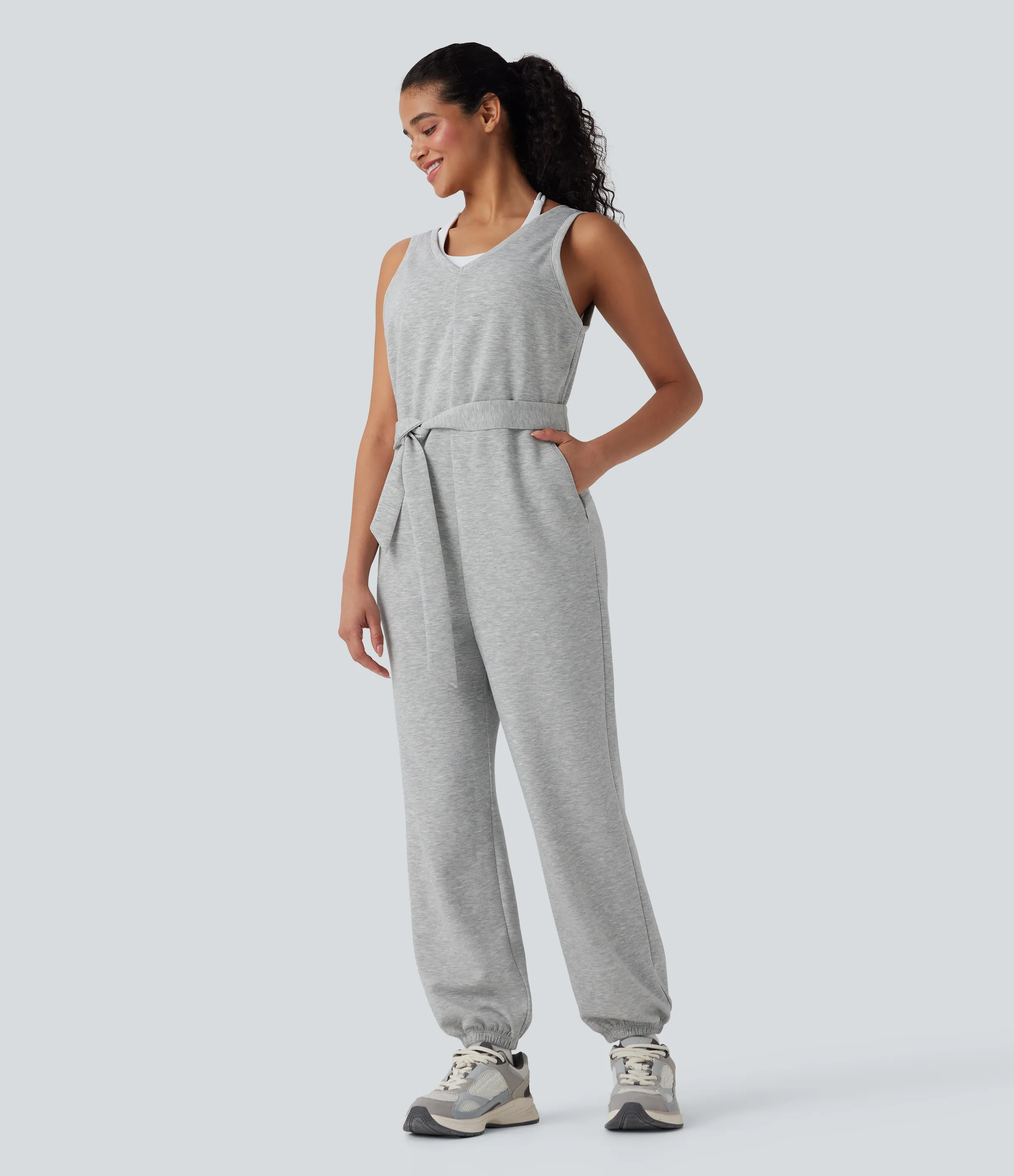 Halara Mono deportivo sin mangas con cuello en V y bolsillos con cinturón - Fog Gray - M(regular) sold by Halara product image thumbnail 5