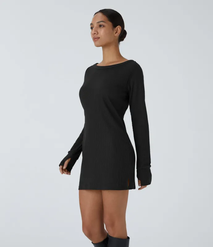 Halara Vestido sudadera gofre cuello barco manga raglán ojal del pulgar abertura - Black - L sold by Halara