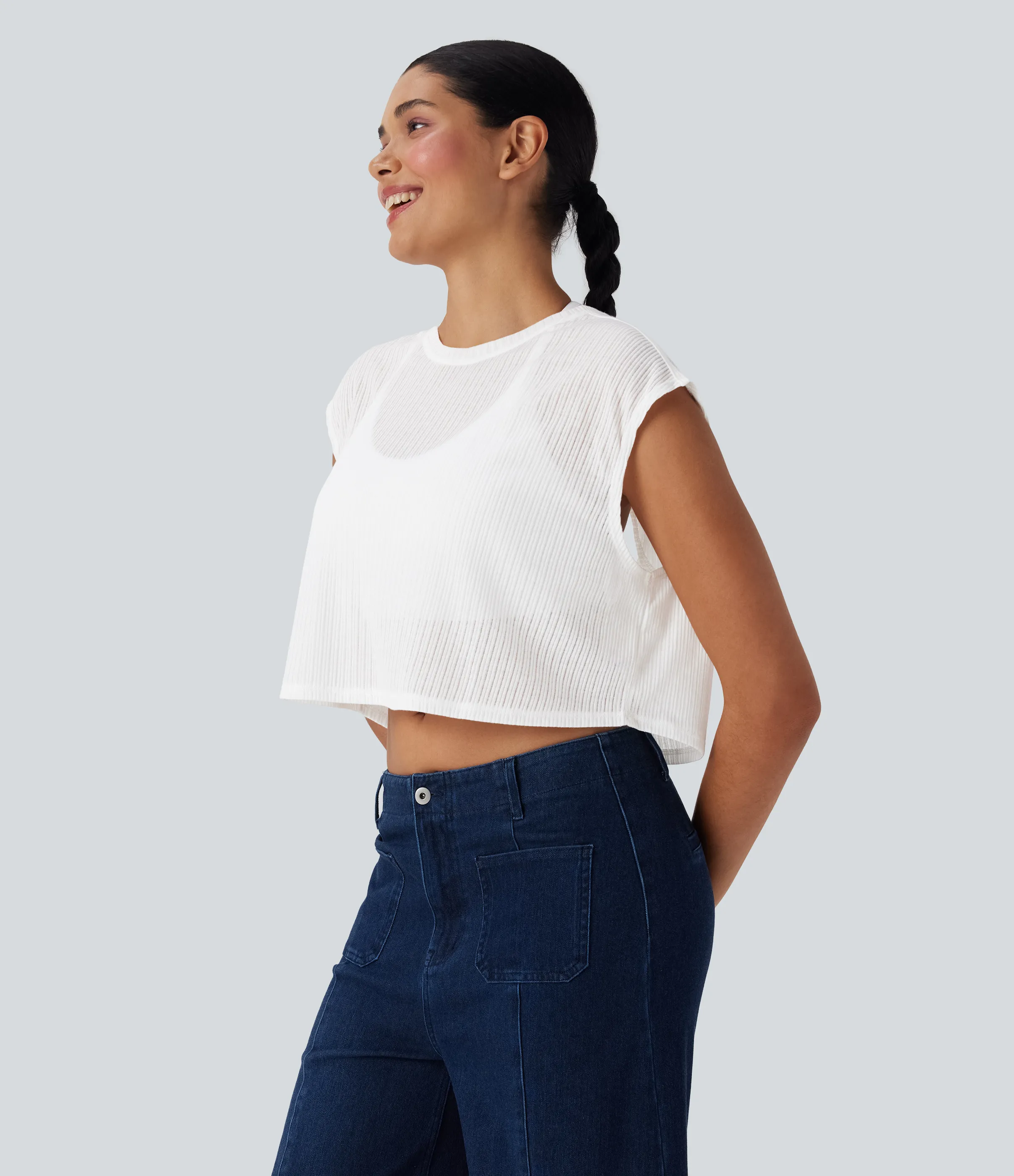 Halara Top casual con cuello redondo y manga corta - White - XL sold by Halara product image thumbnail 4