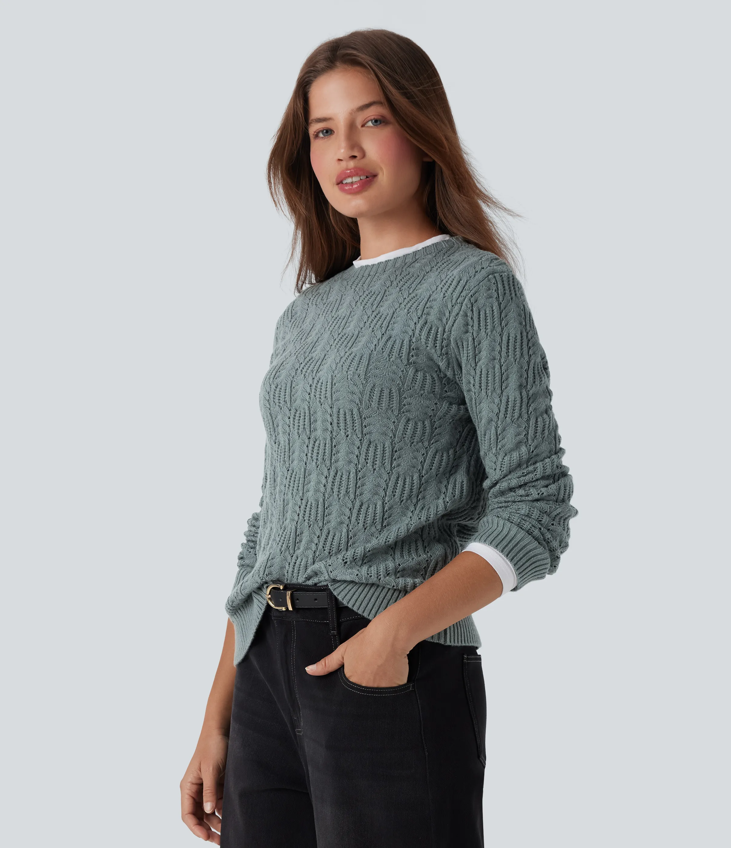 Halara Suéter casual de manga larga y cuello redondo - Silver Blue - M sold by Halara product image thumbnail 5